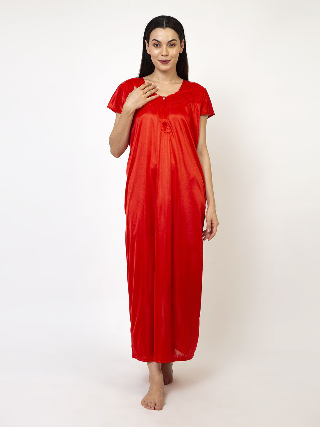 AVYAY Round Neck Short Sleeves Satin Maxi Nighty