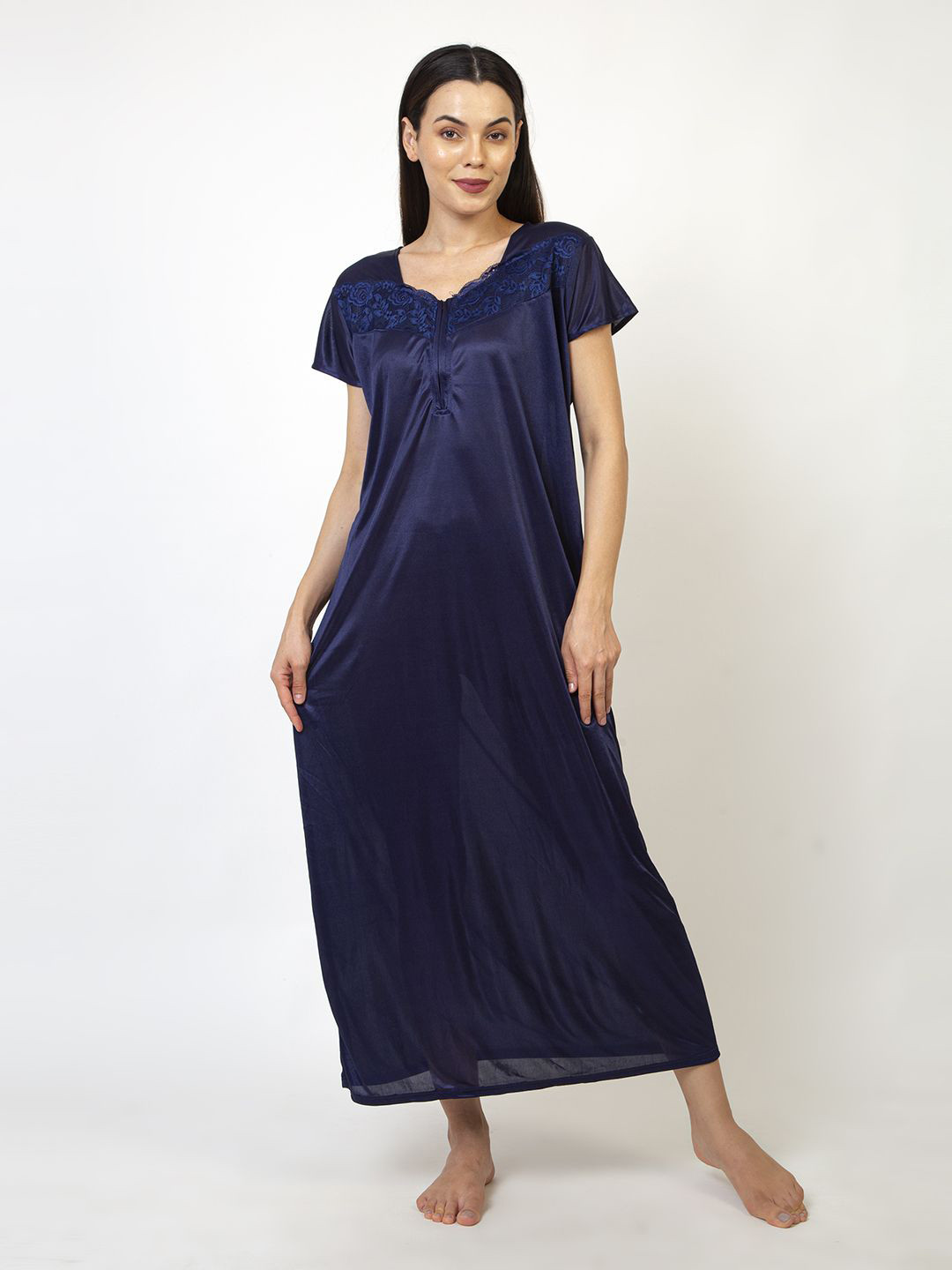 AVYAY Round Neck Short Sleeves Satin Maxi Nighty