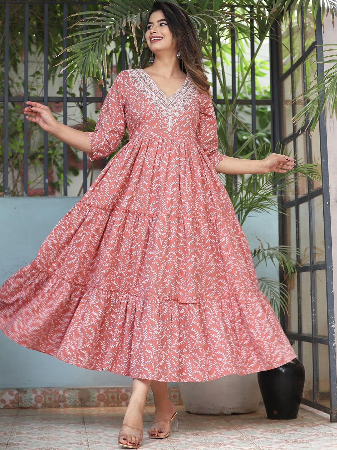 Rimeline Embroidered Thread Work Cotton Fit and Flare Ethnic Dress