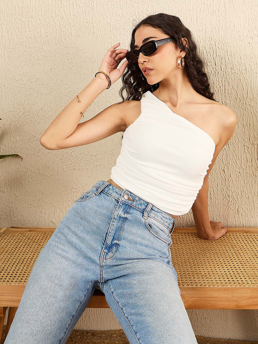 Uptownie Stretchable One Shoulder Top with Gathered Sides