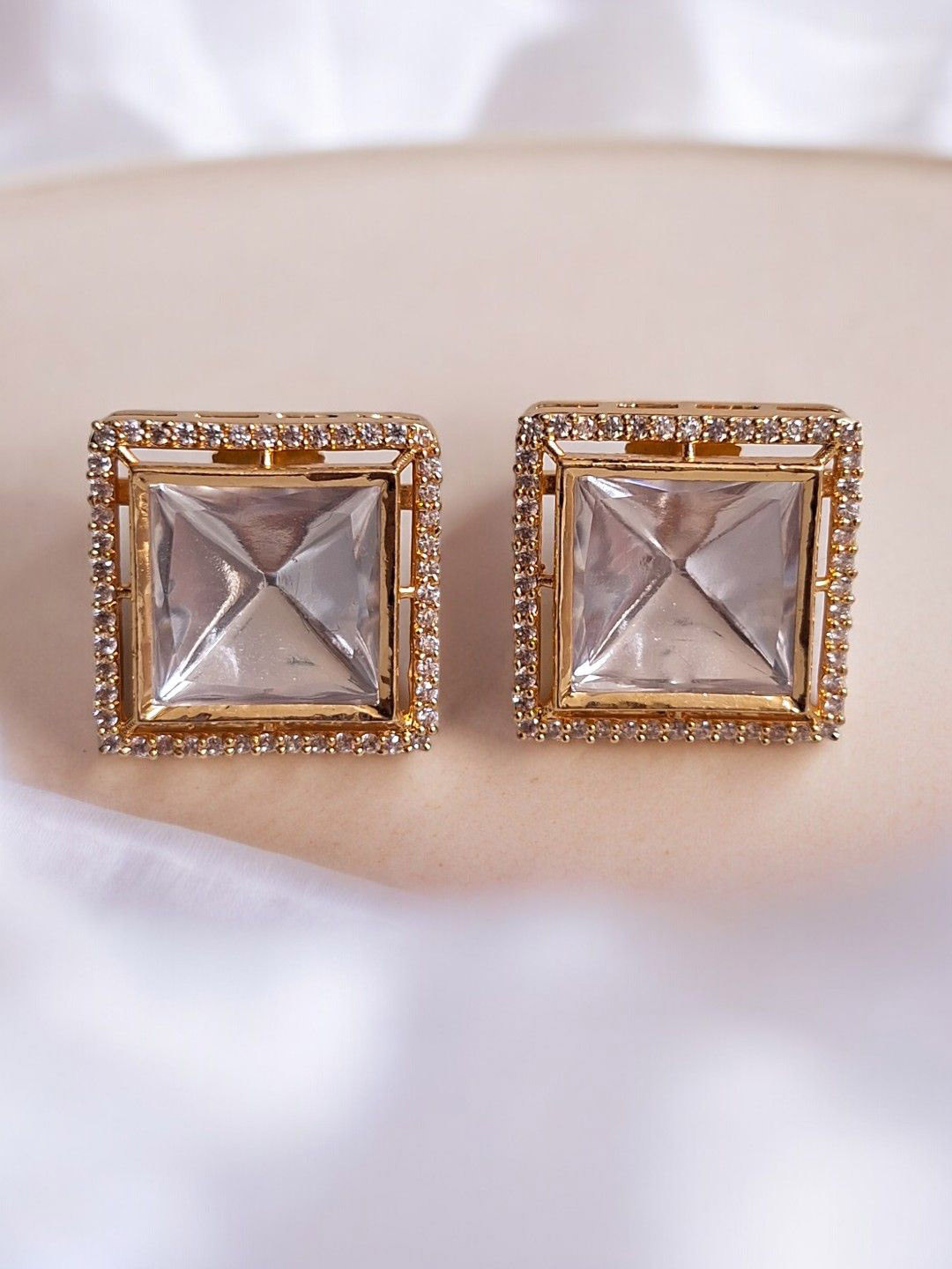 XAGO Gold-Plated Brass Square Shaped Kundan Drop Earrings