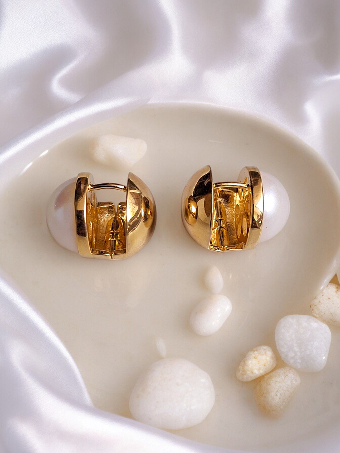 XAGO Gold-Plated Brass Contemporary Artificial Beads Half Hoop Earrings