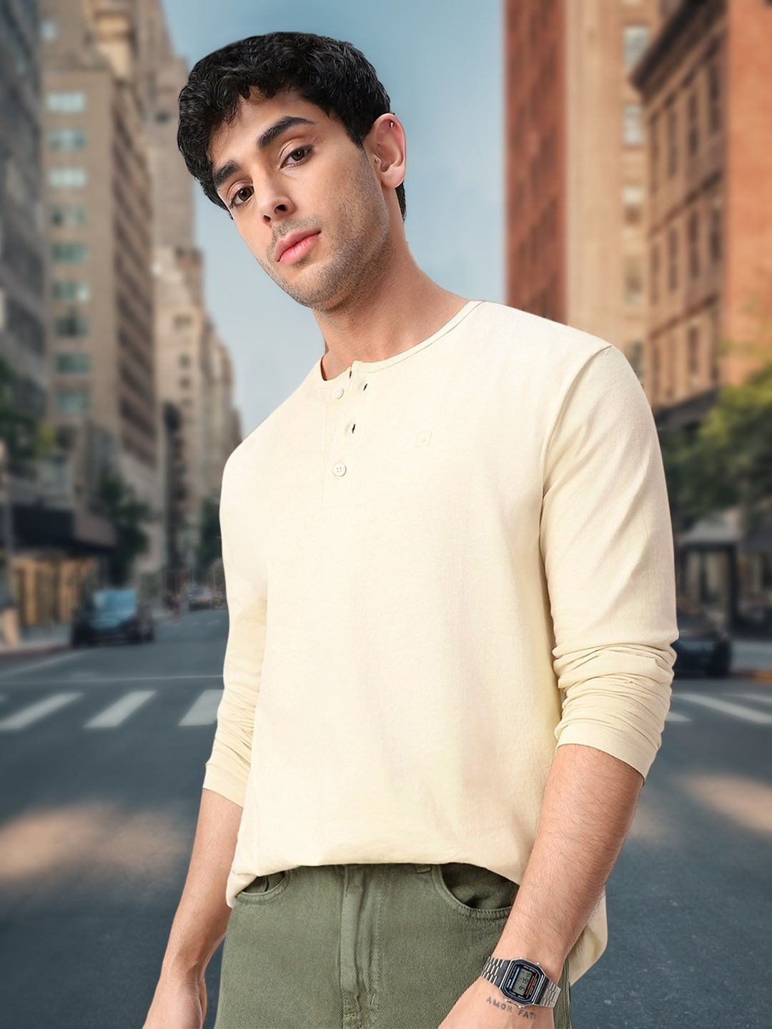 Urbano Fashion Men's Cloud Cream Solid Henley Neck Slim Fit Full Sleeve Cotton T-Shirt