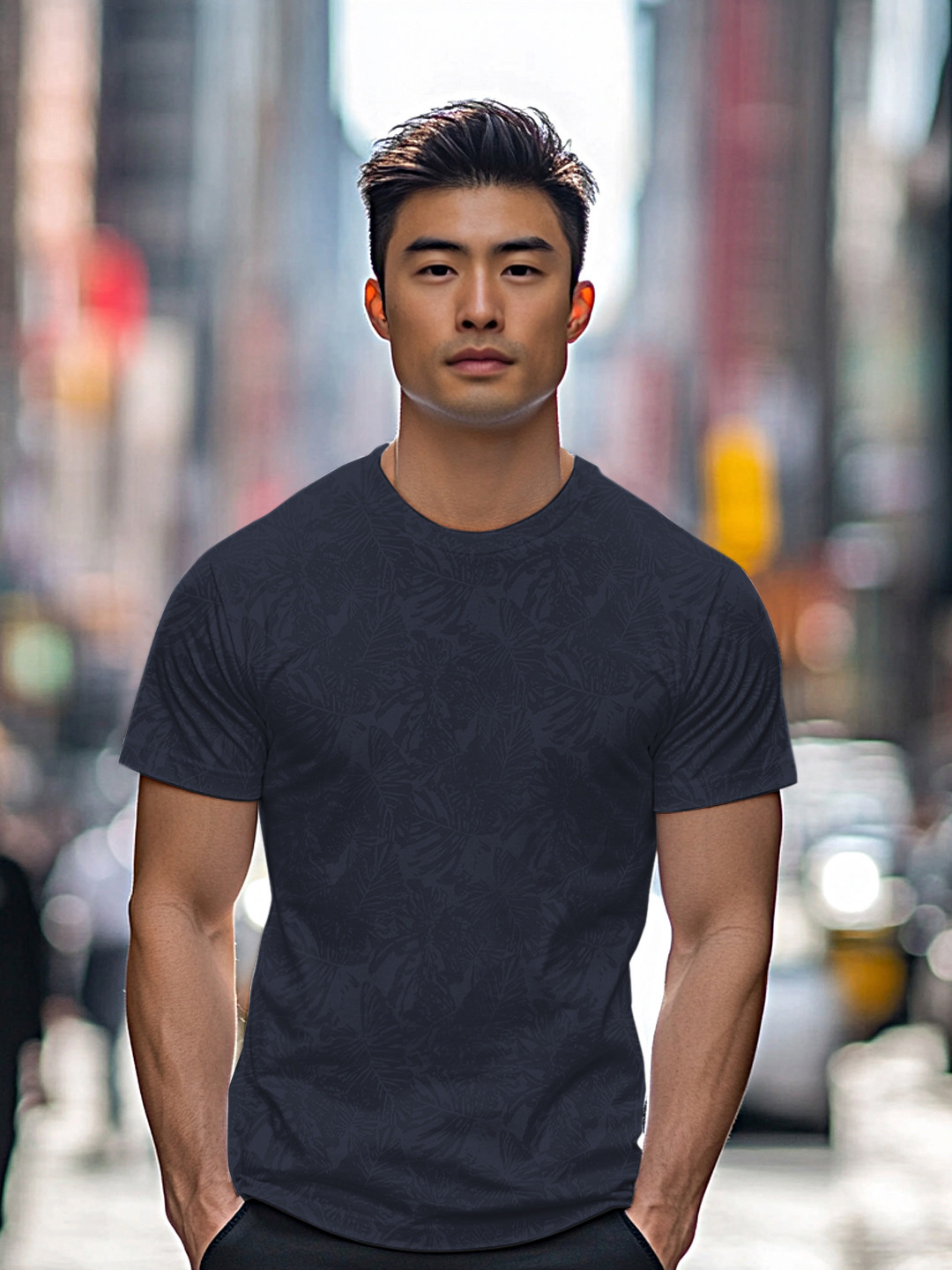 Urbano Fashion Men's Estate Blue Printed Half Sleeve Slim Fit Cotton T-Shirt