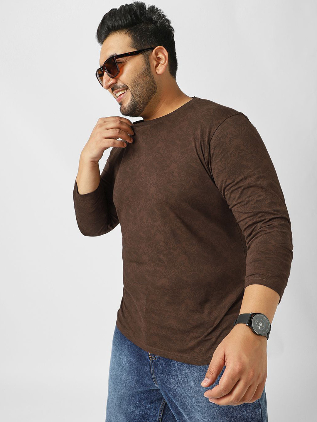 Urbano Plus Men's Chicory Coffee Printed Full Sleeve Regular Fit Cotton T-Shirt