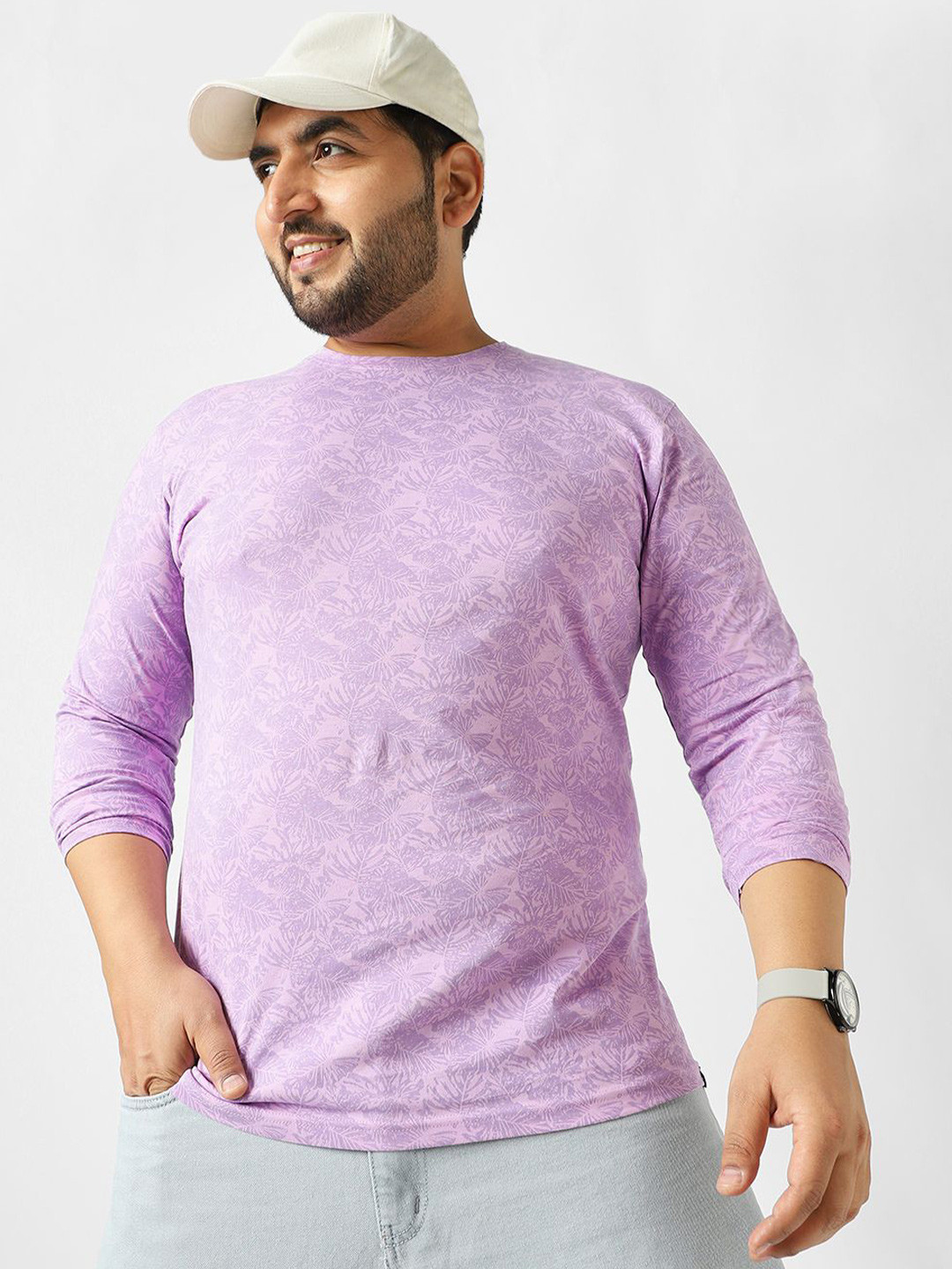 Urbano Plus Men's Lilac Printed Full Sleeve Regular Fit Cotton T-Shirt