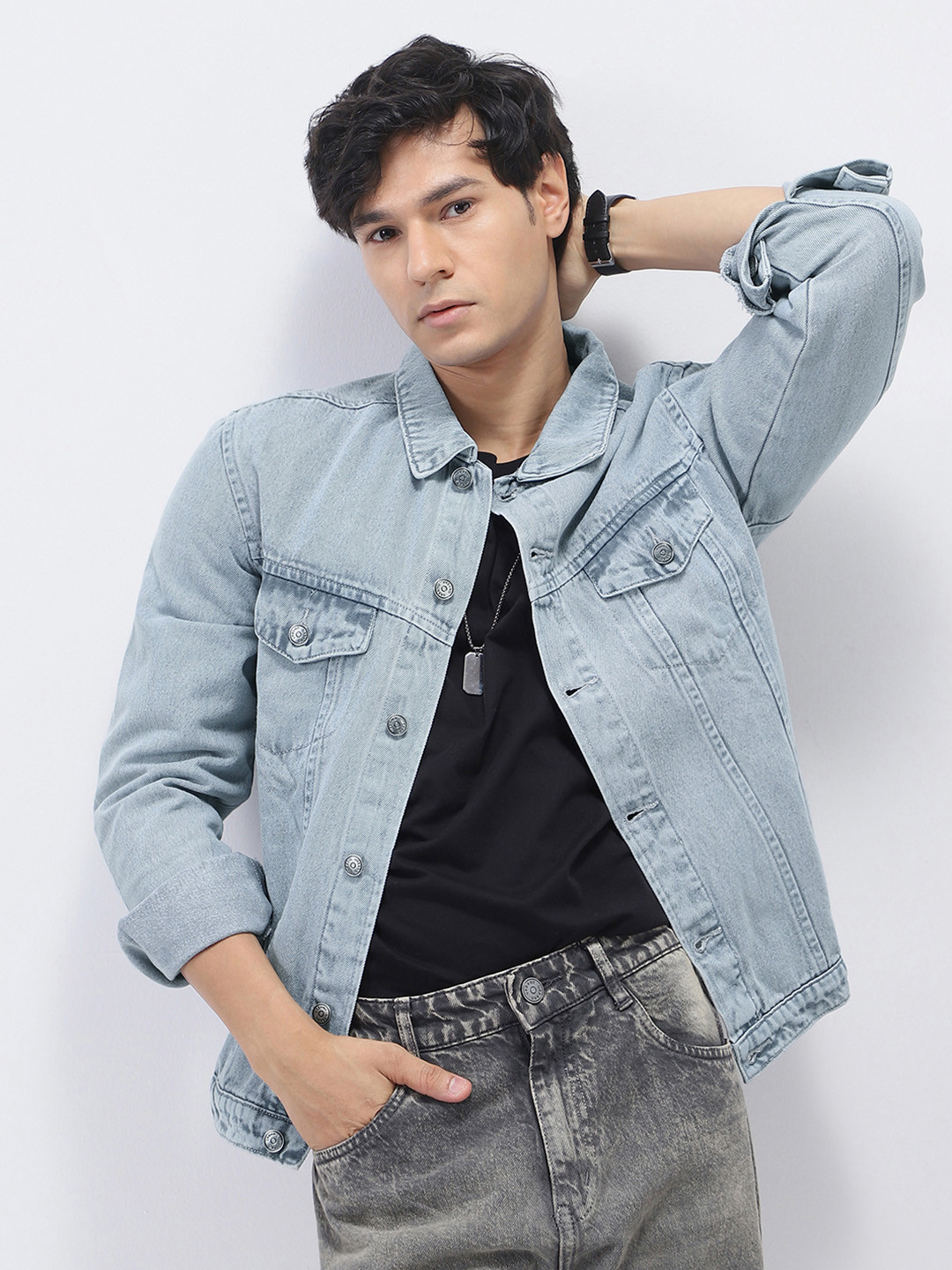 Urbano Fashion Men's Light Grey Regular Fit Washed Full Sleeve Denim Jacket