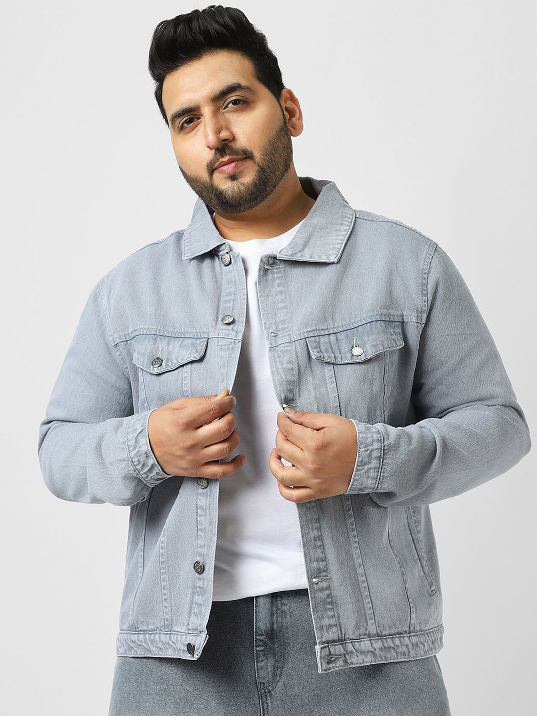 Urbano Plus Men's Light Grey Regular Fit Washed Full Sleeve Denim Jacket