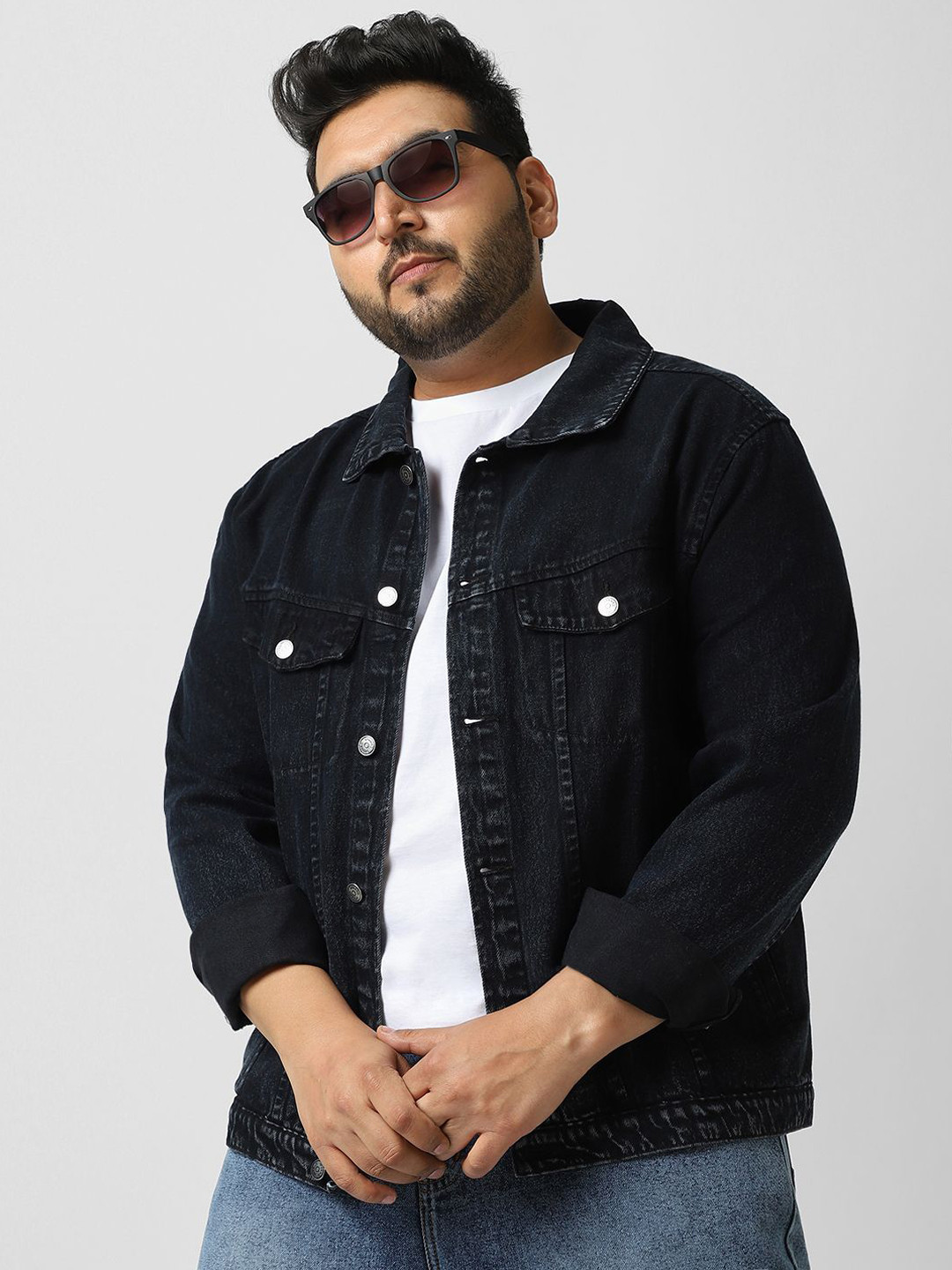 Urbano Plus Men's Black Regular Fit Washed Full Sleeve Denim Jacket