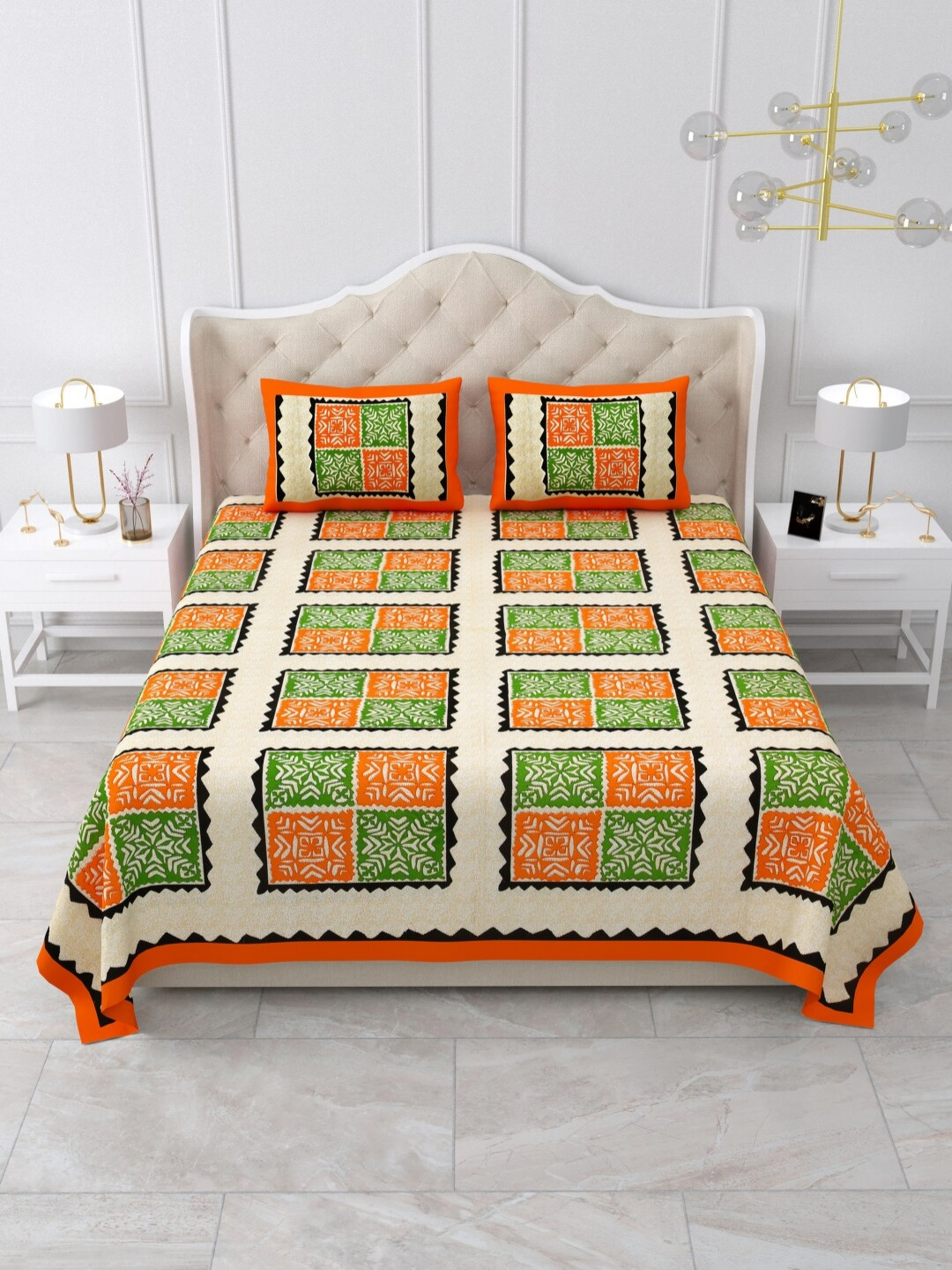 Qfab Kimg Orange Geometric Cotton 144 TC King Bedsheet with 2 Pillow Covers-107 x 108 inches