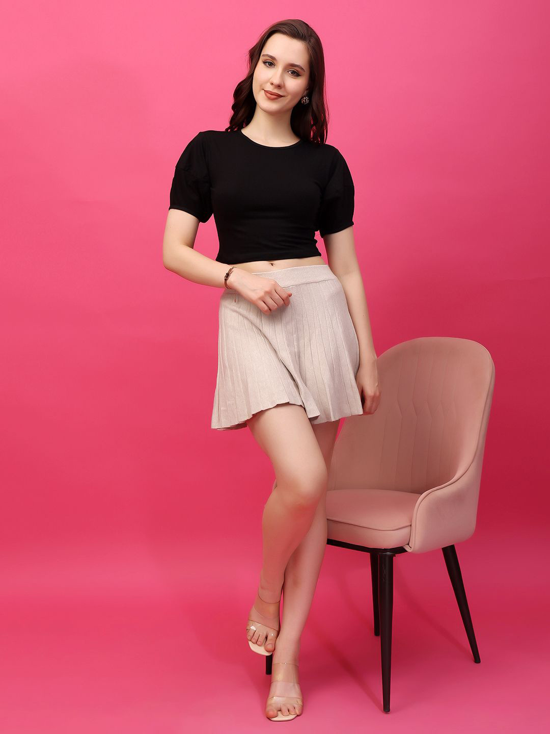 Cation Solid Round Neck Puff Sleeve Cotton Crop Top