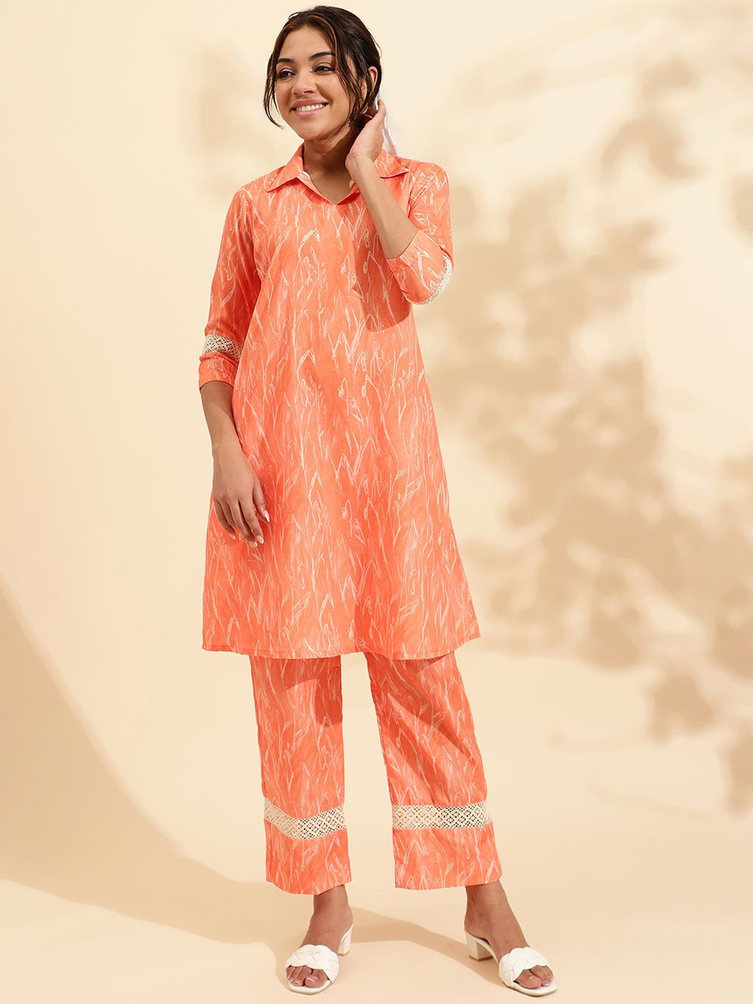 Sringam Shirt Collar Printed Top With Trouser Co-Ords