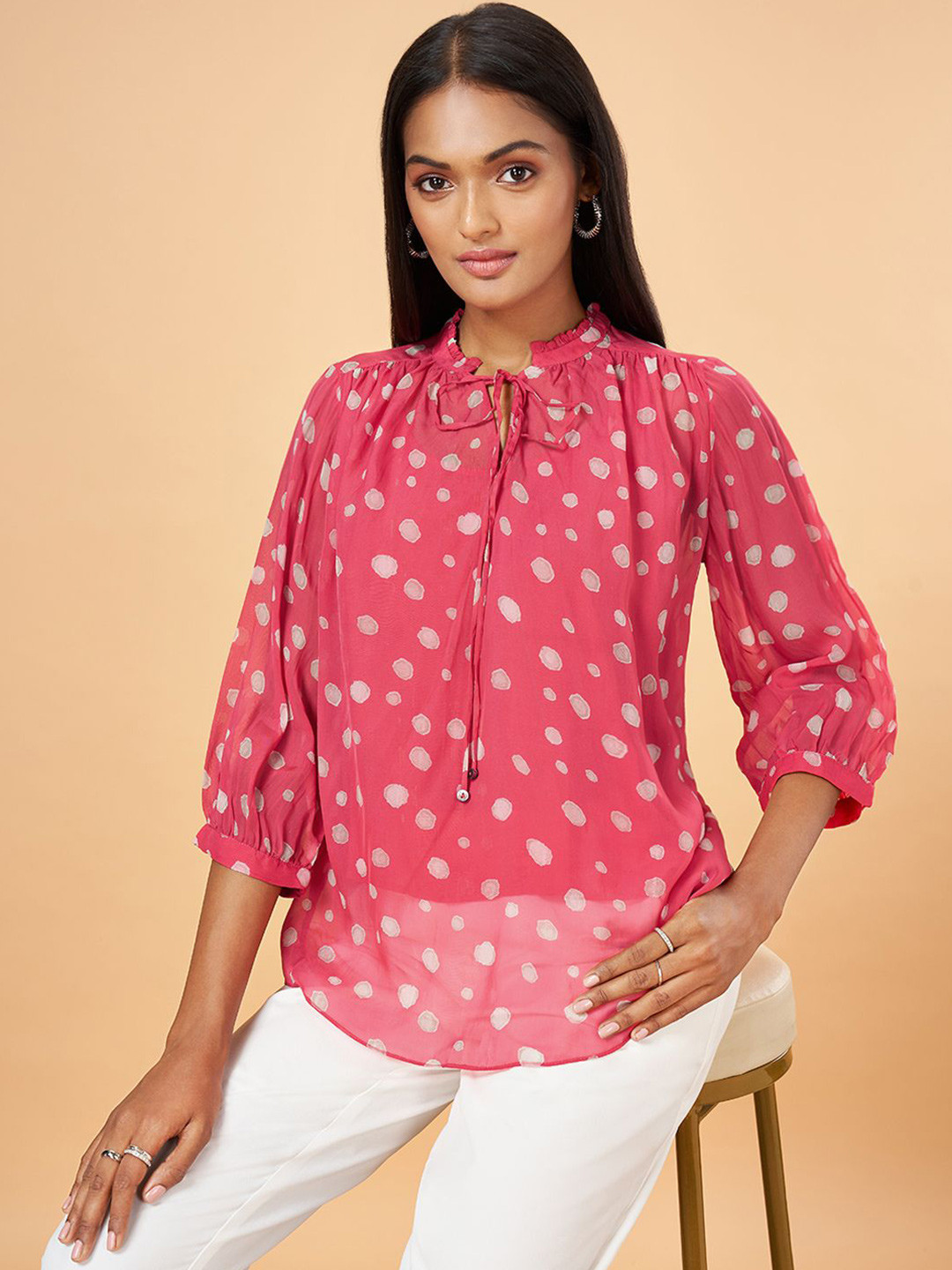 Marigold Lane Polka Dot Printed Tie-Up Neck Puff Sleeves Top