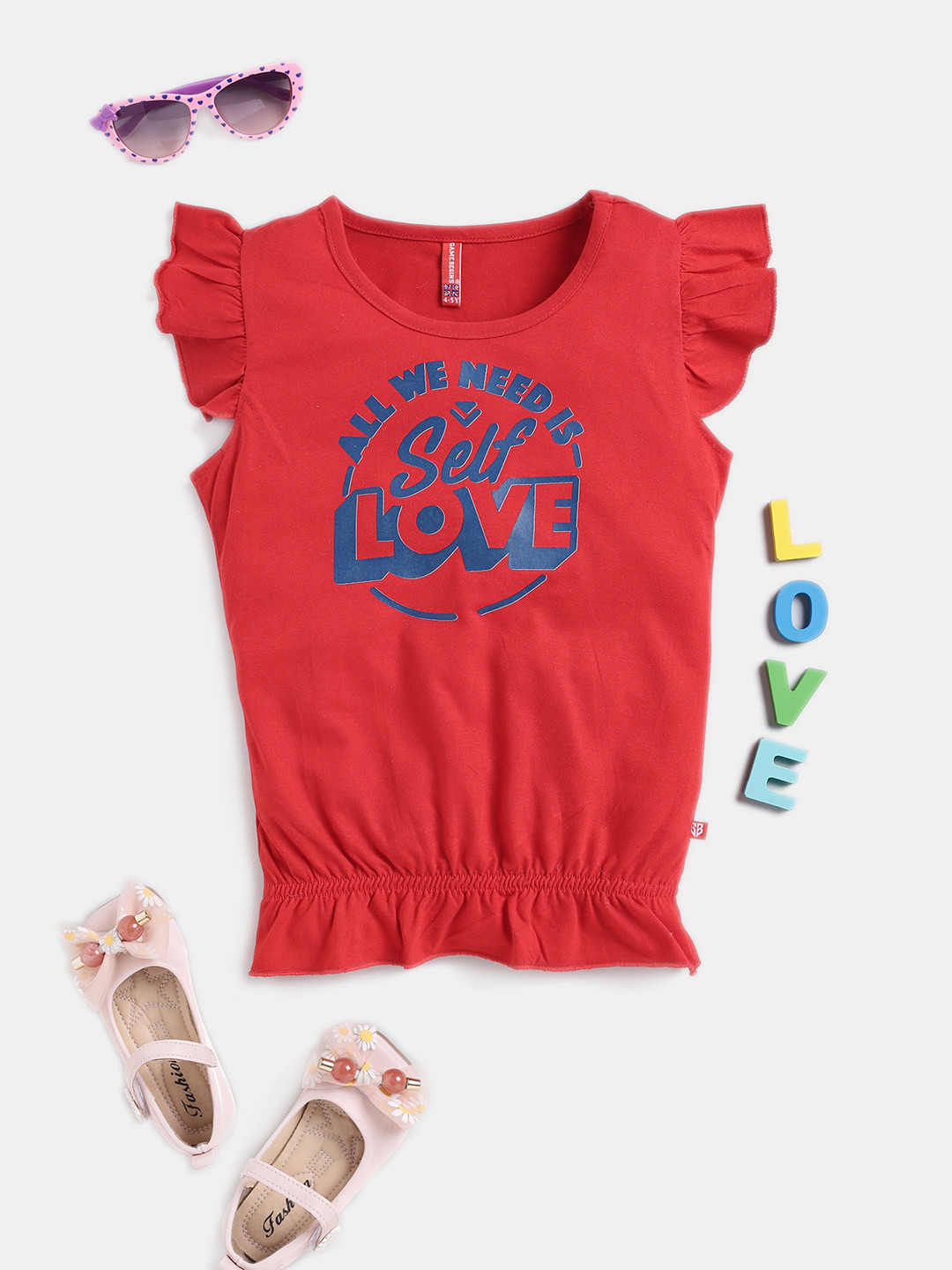 Here&Now X Game Begins Girls Typography Printed Pure Cotton Blouson Top