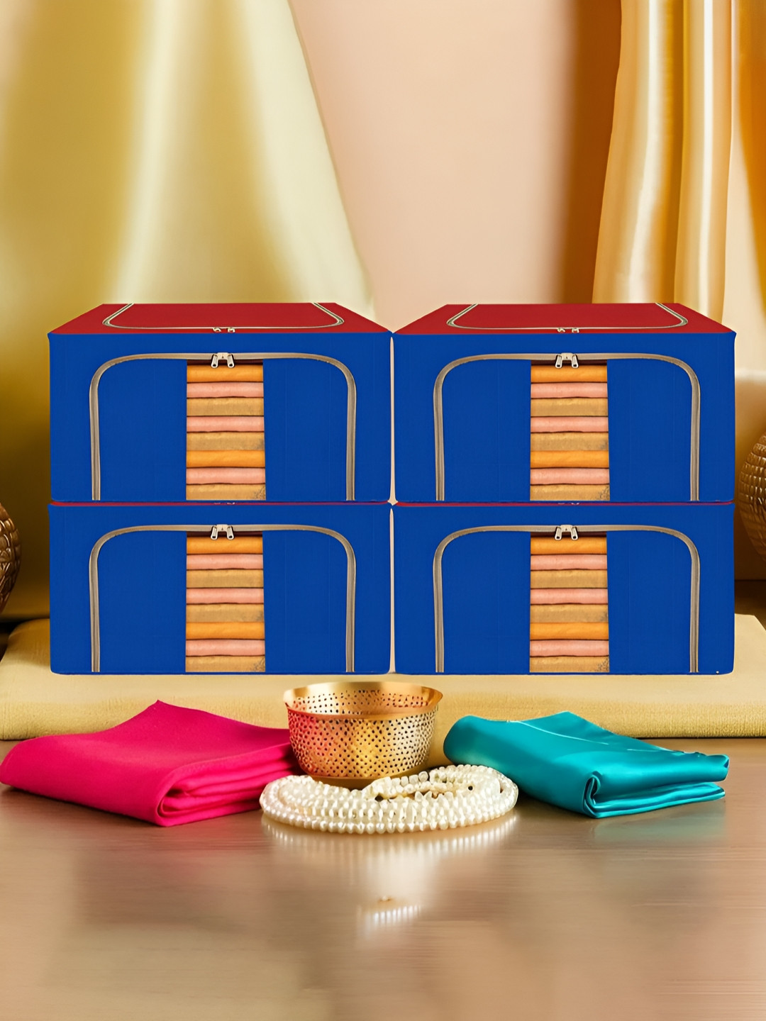 Kuber Industries Red 4 Pieces Steel Frame Underbed  Drawer Organiser 44 Liter