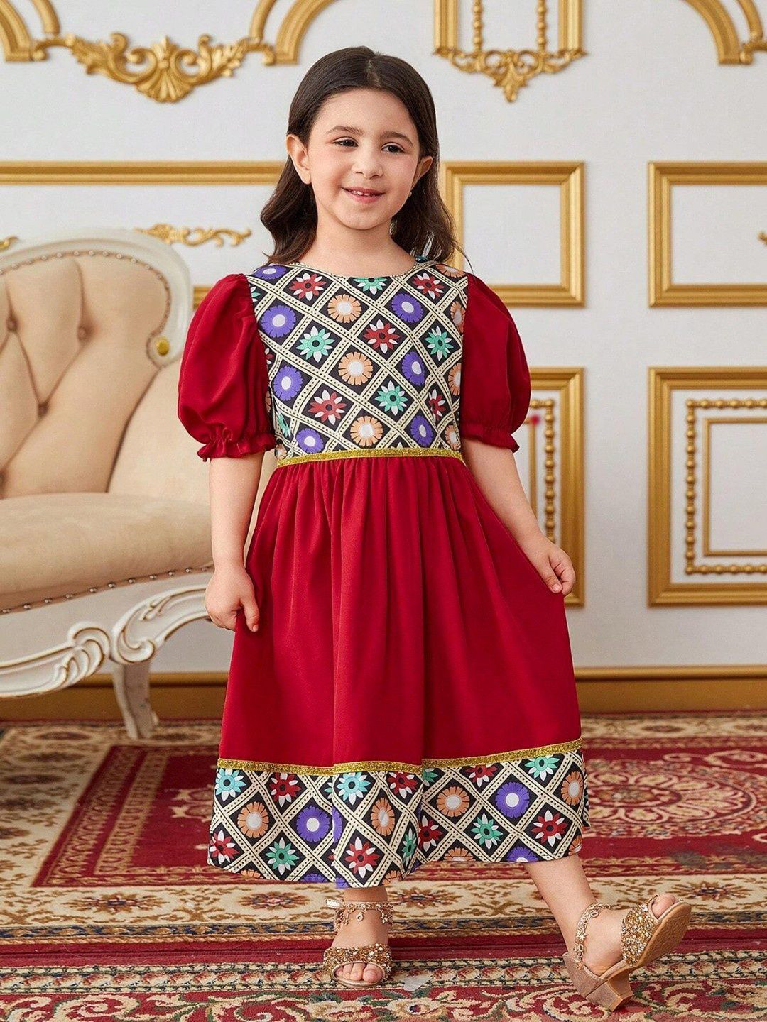 BAESD Girls Print Puff Sleeve PU Coated A-Line Midi Dress