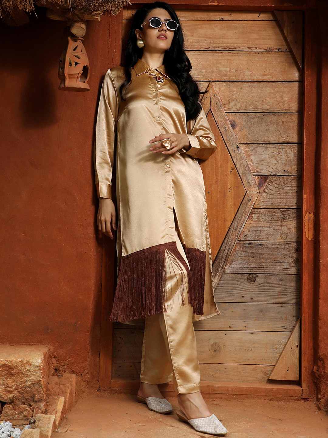 QISSA Brown Spread Collar Cuffed Sleeves Fringed Shirt With Trousers Co-Ord Set