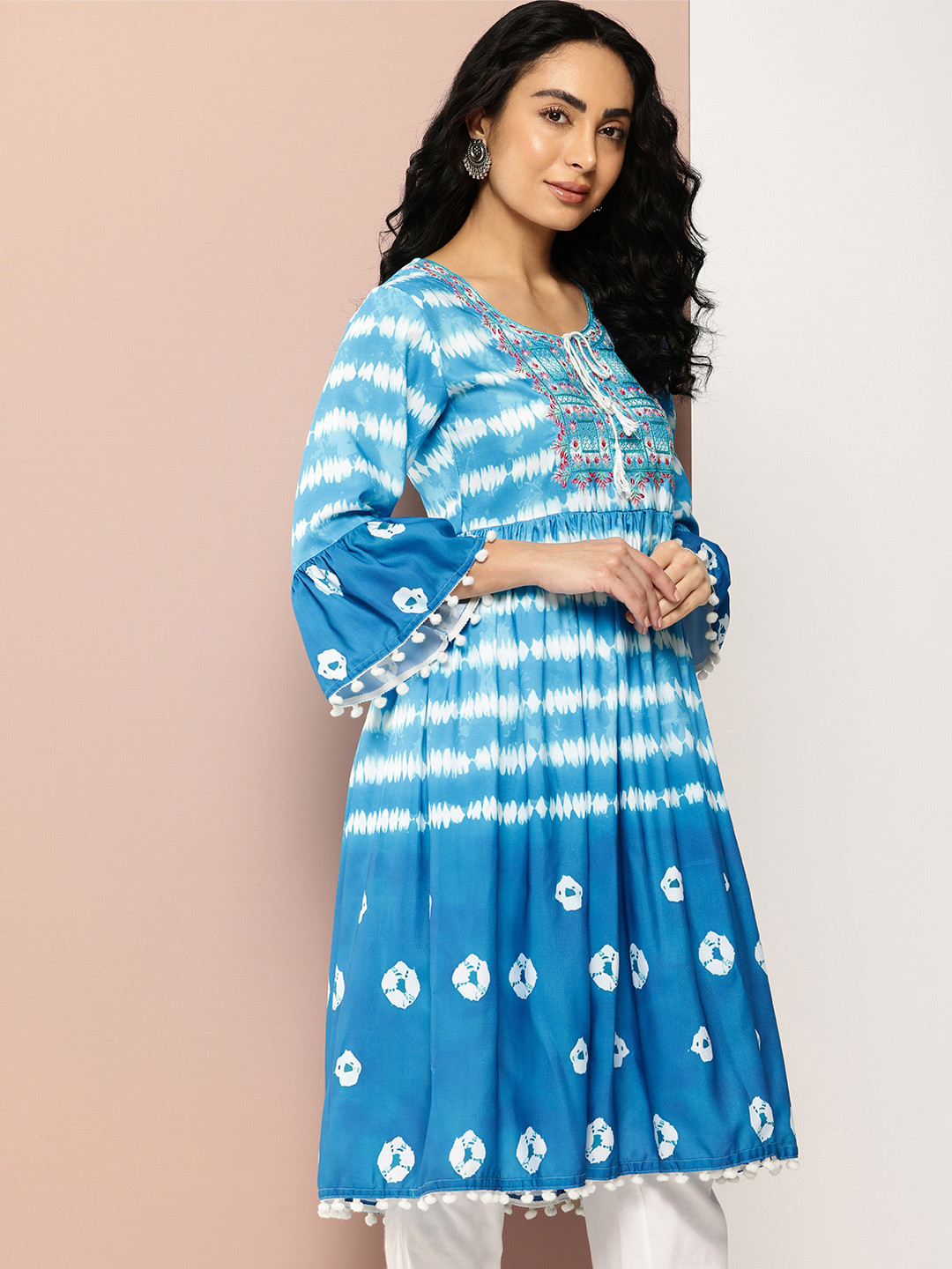 Ironic Creation Bandhani Embroidered Bell Sleeves Mirror Work Floral Anarkali Kurta
