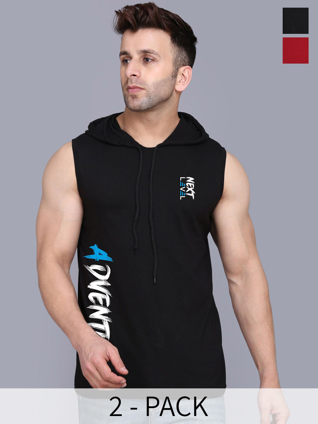 SLOWLORIS Pack of 2 Hooded Printed Sleeveless Gym Vests