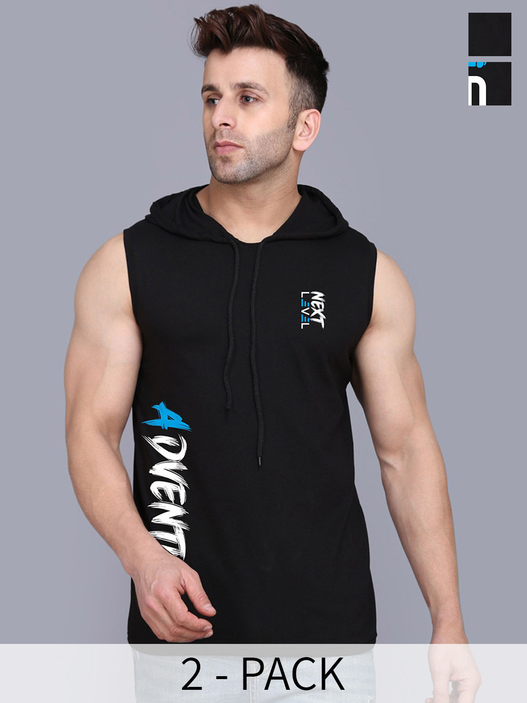 SLOWLORIS Pack of 2 Hooded Printed Sleeveless Gym Vests-SL28 COMBO (ADV BLACK) (LOUD BLAC