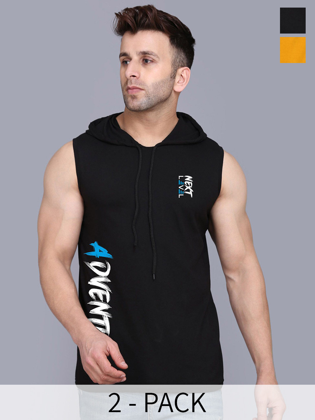 SLOWLORIS Pack of 2 Printed Sleeveless Gym Vests-SL28 COMBO (ADV BLACK) (KEEP MUSTARD)