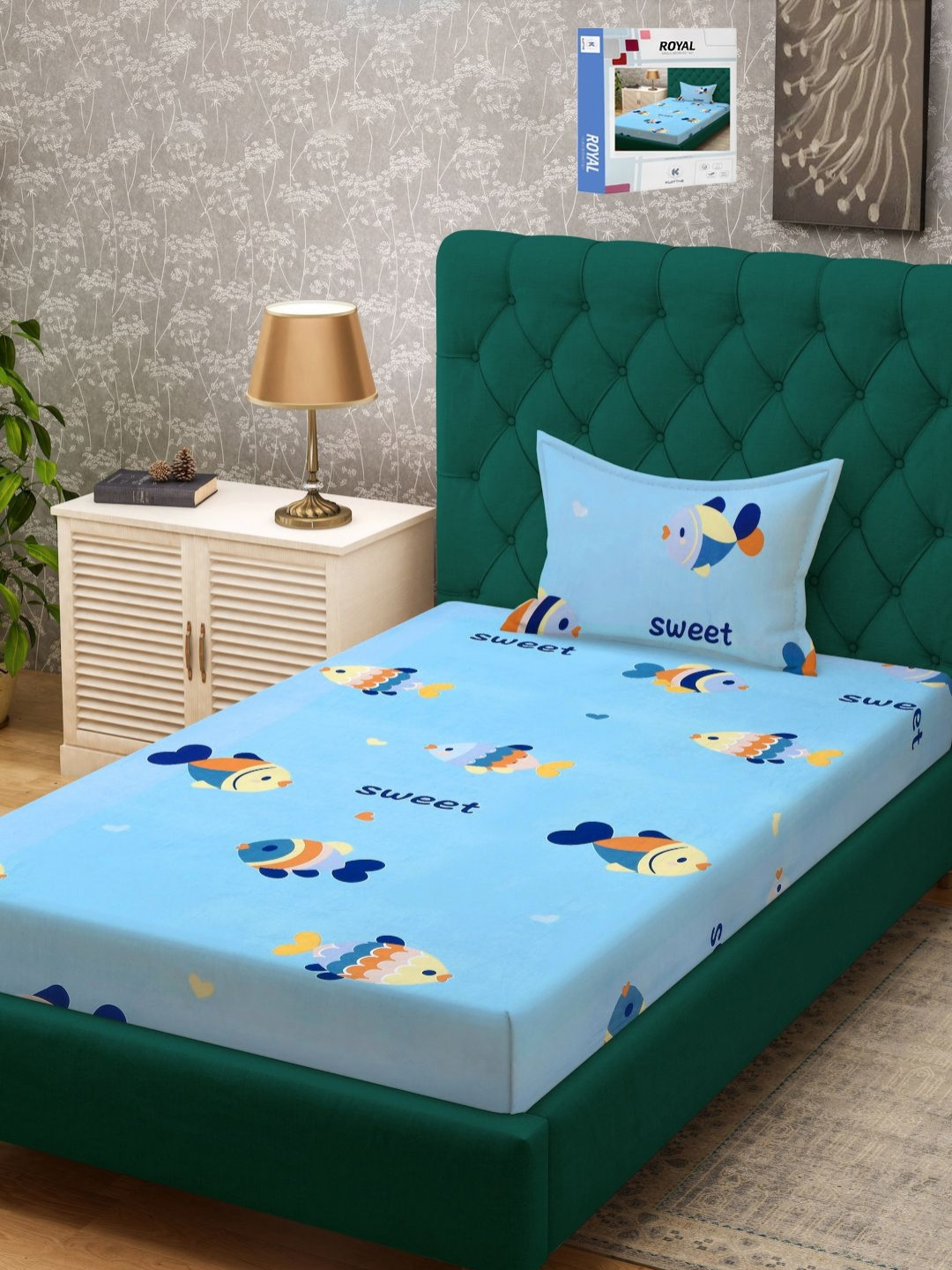 KLOTTHE Blue Conversational Polycotton 300 TC Single Bedsheet with a Pillow Cover-225 x 150 cm