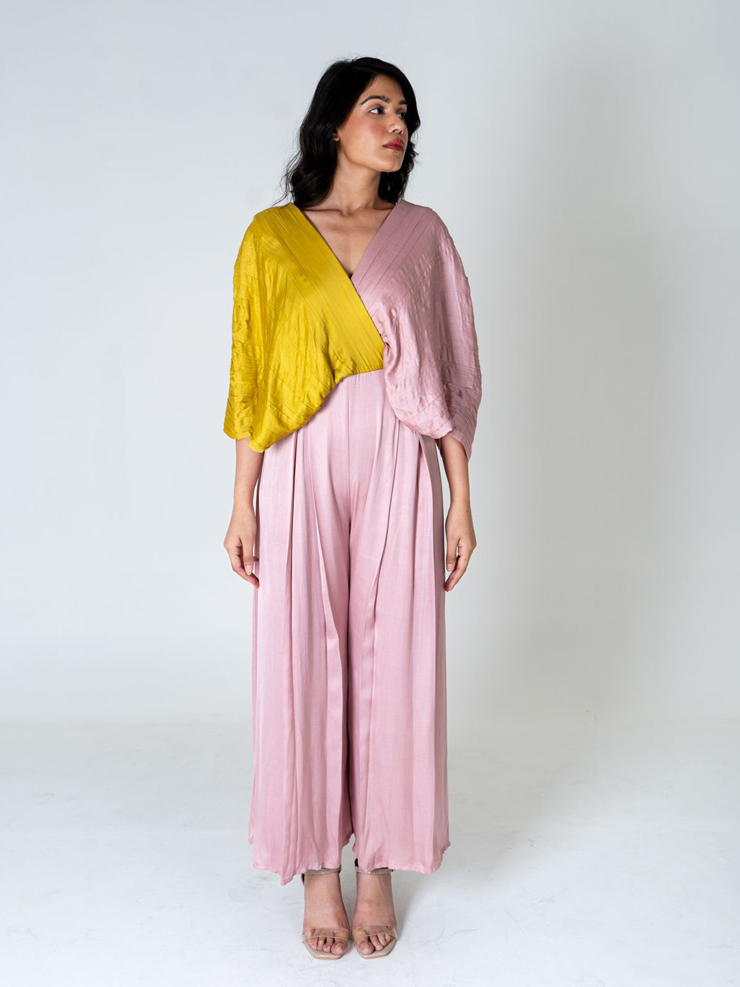 Neora Colourblocked V-Neck Silk Basic Jumpsuit