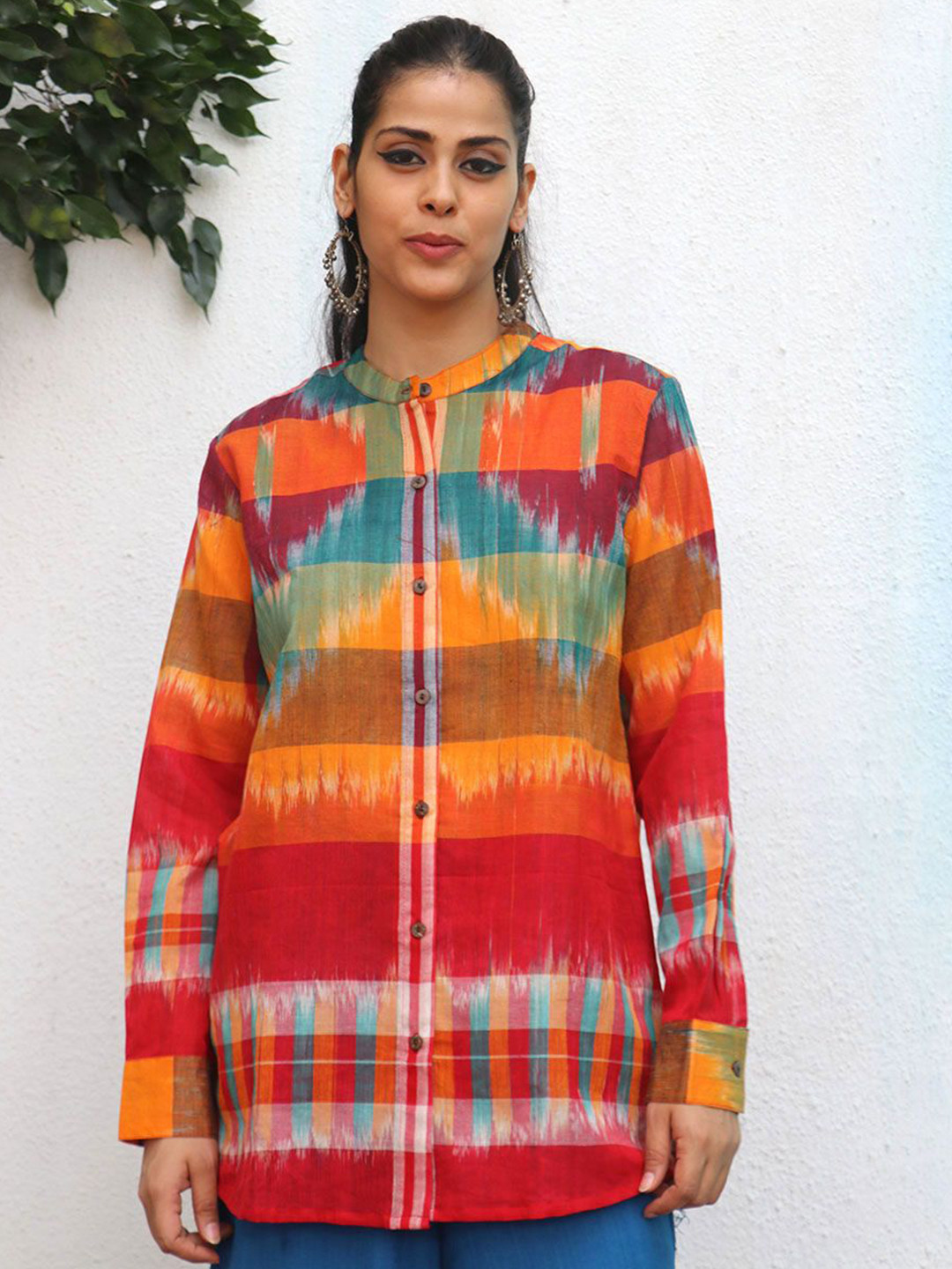 Chidiyaa Gamcha Striped Mandarin Collar Cotton Longline Shirt Style Top