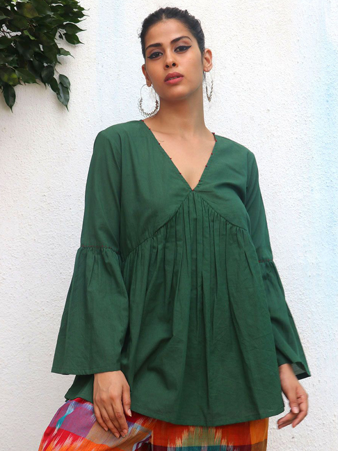 Chidiyaa Gamcha Solid Gathered V-Neck Cotton Empire Top