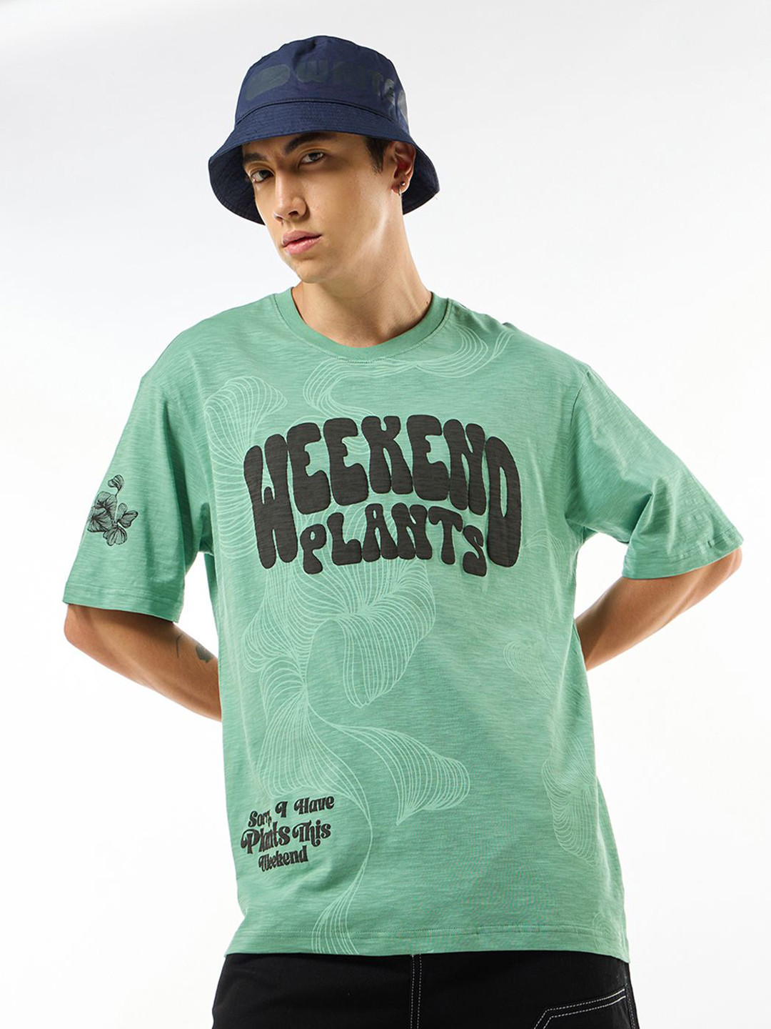 Bewakoof Air 1.0 Men Granite Green Weekend plants Graphic Printed Oversized T-shirt