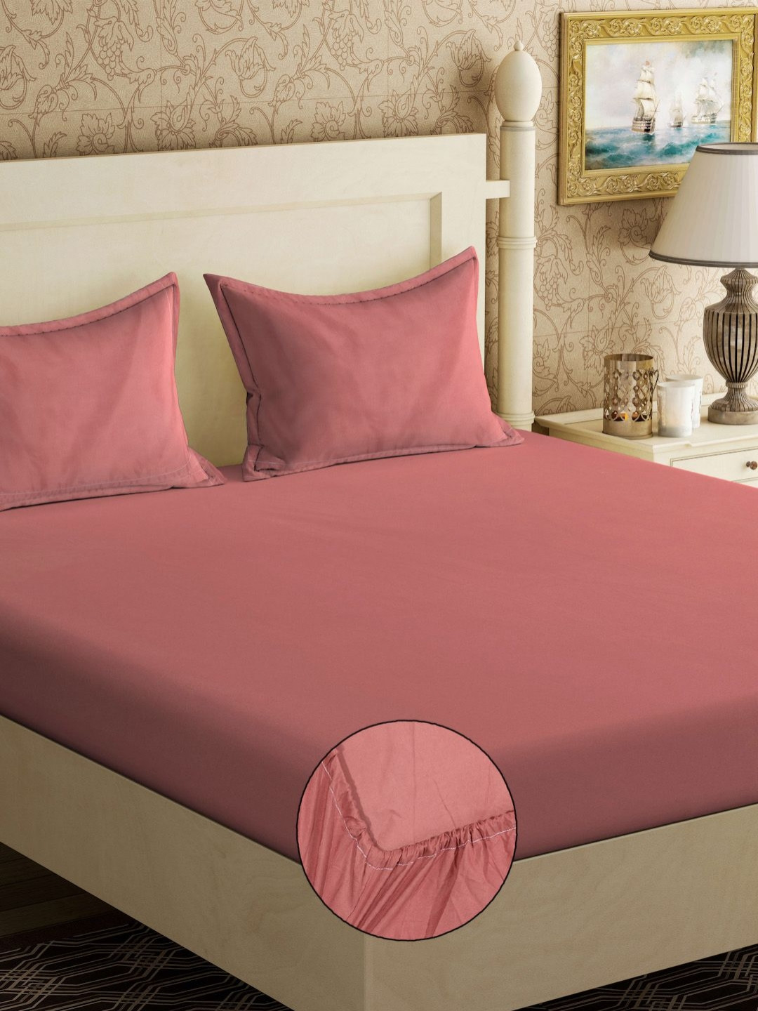 KLOTTHE Kids Rust Polycotton 300 TC Fitted King Bedsheet with 2 Pillow Covers-98 x 89 inches