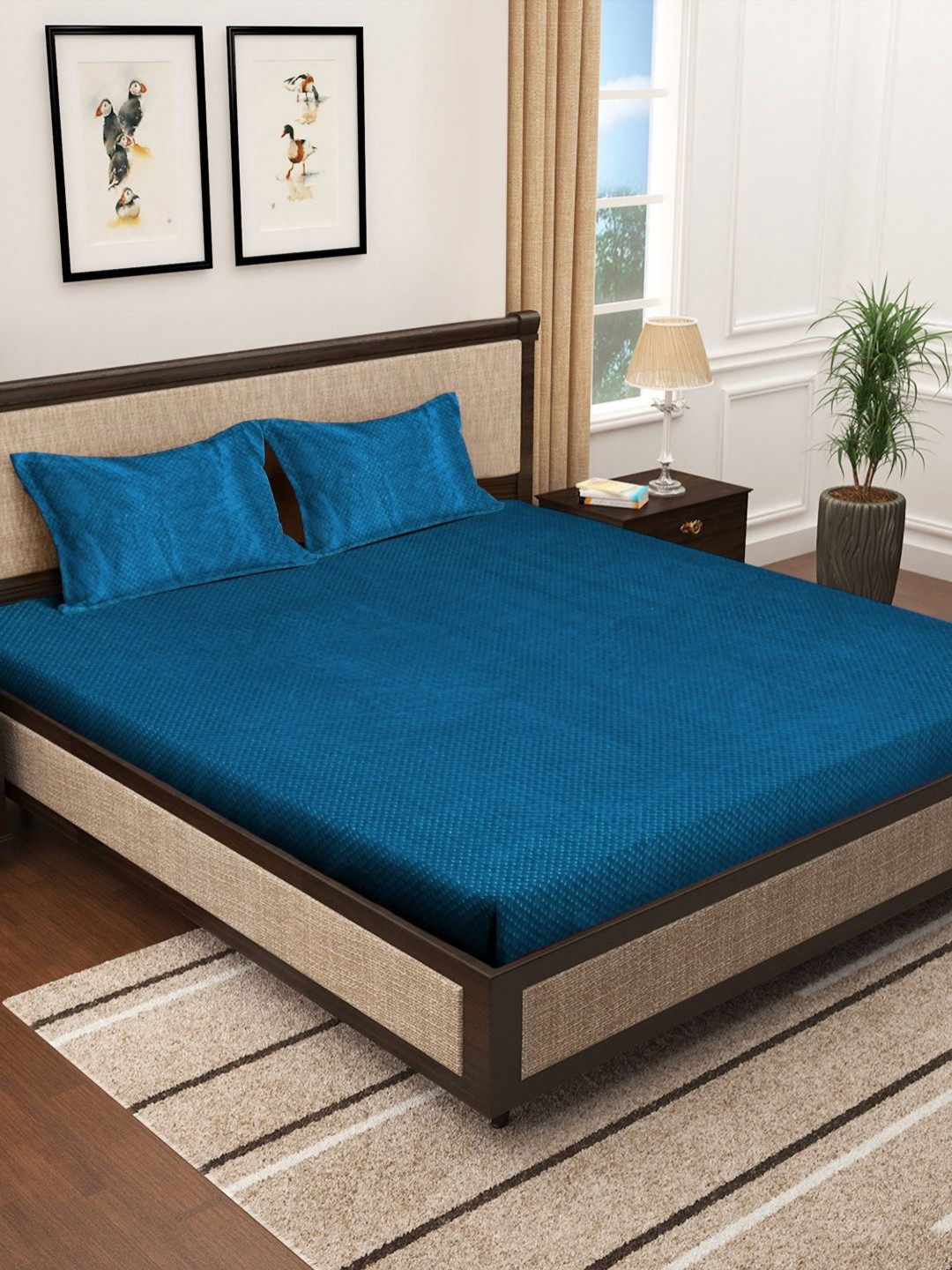 KLOTTHE Blue Self Design Wool 300 TC King Bedsheet with 2 Pillow Covers-250 X 225 cm