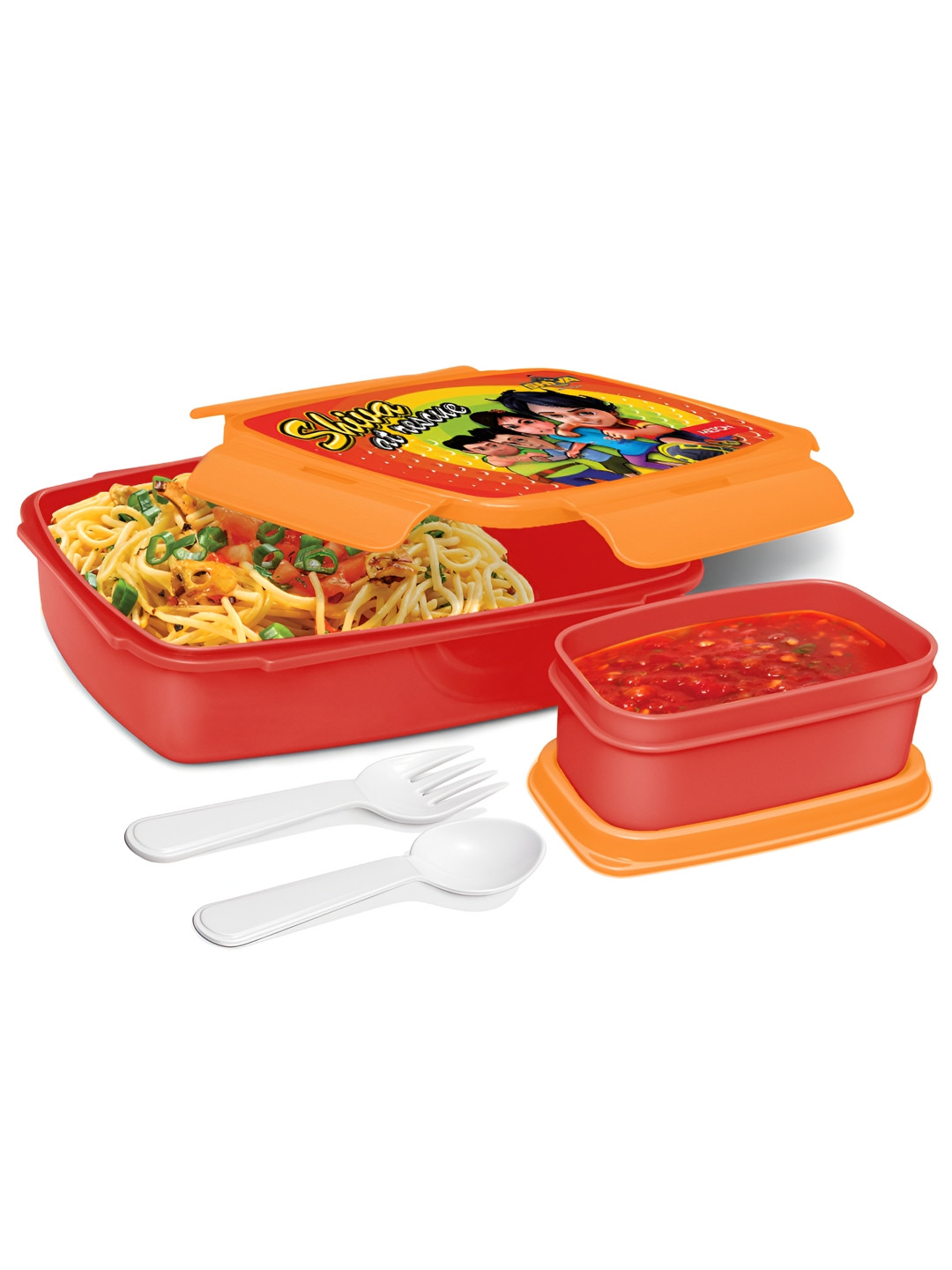 Milton Rocker 900 Red Graphic Plastic Microwave Safe 4PCs Lunch Box With Spoon and Fork