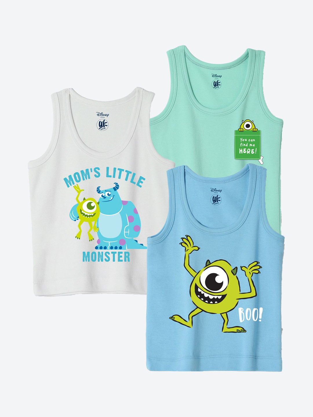 YK Disney Infants Pack Of 3 Monsters Inc. Printed Sleeveless Innerwear Vests YKIFVDPO3014
