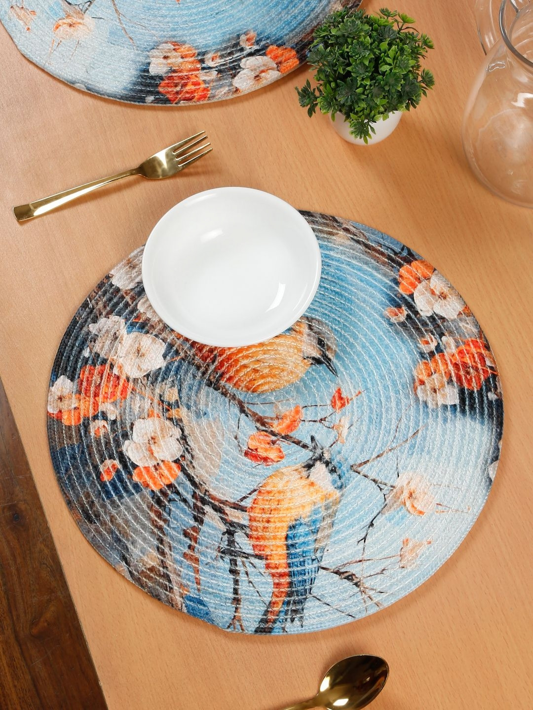 HOSTA HOMES 4- Pcs Blue & Orange Colored Round Table Placemats