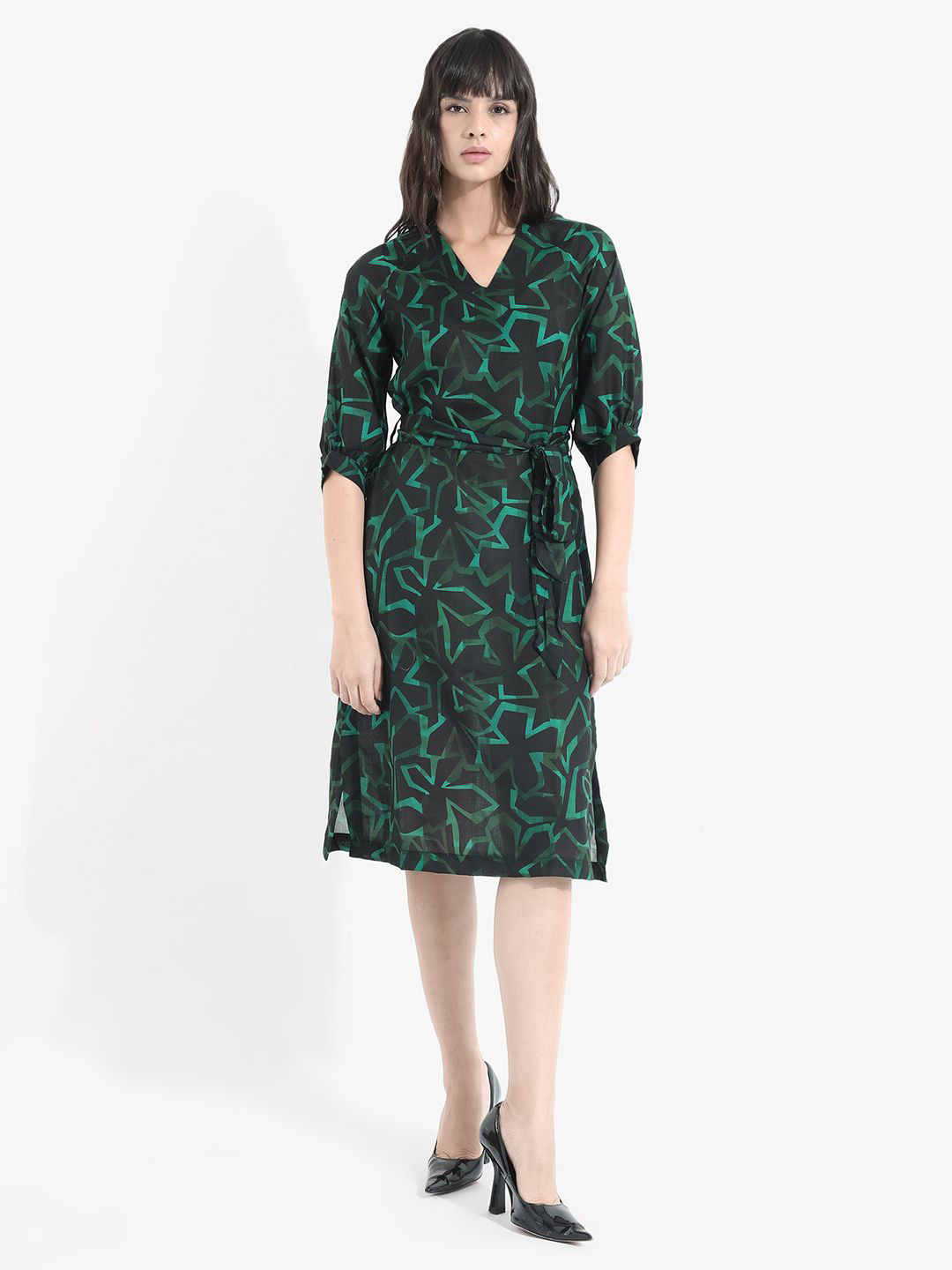 RAREISM Women Black A-Line Fit Bishop Sleeve V-Neck Dress