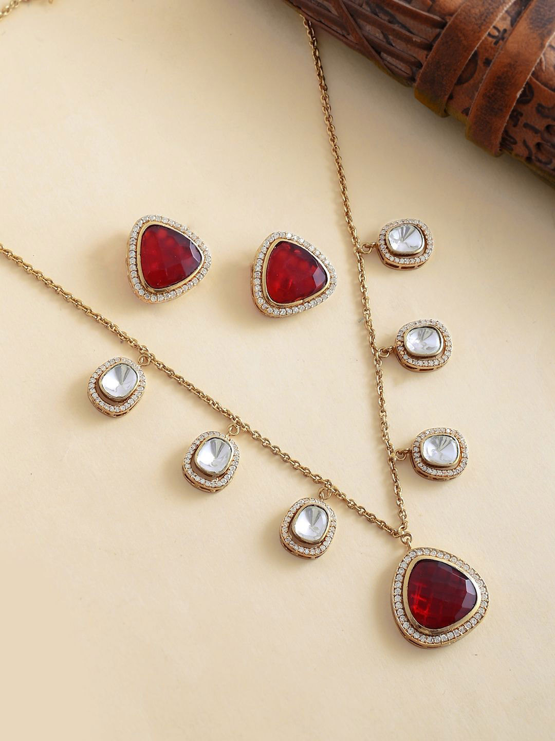 Hasli Regal Radiance Red Kundan Embellished Golden Necklace Set
