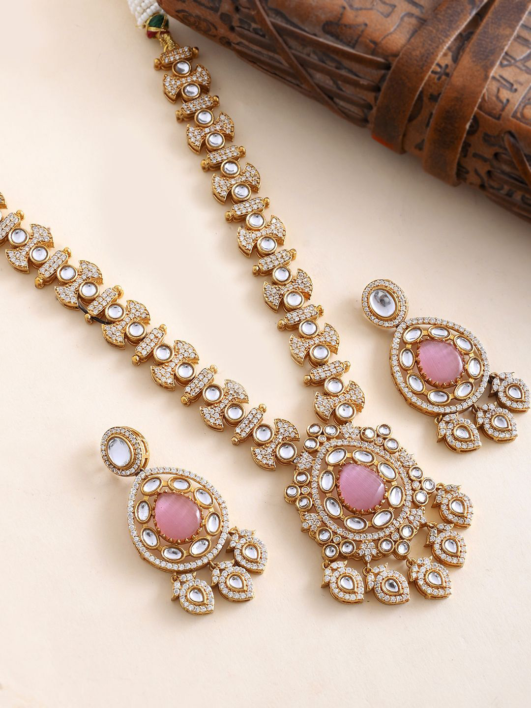 Hasli Opulent Pink And White Kundan Studded Gold Necklace Set