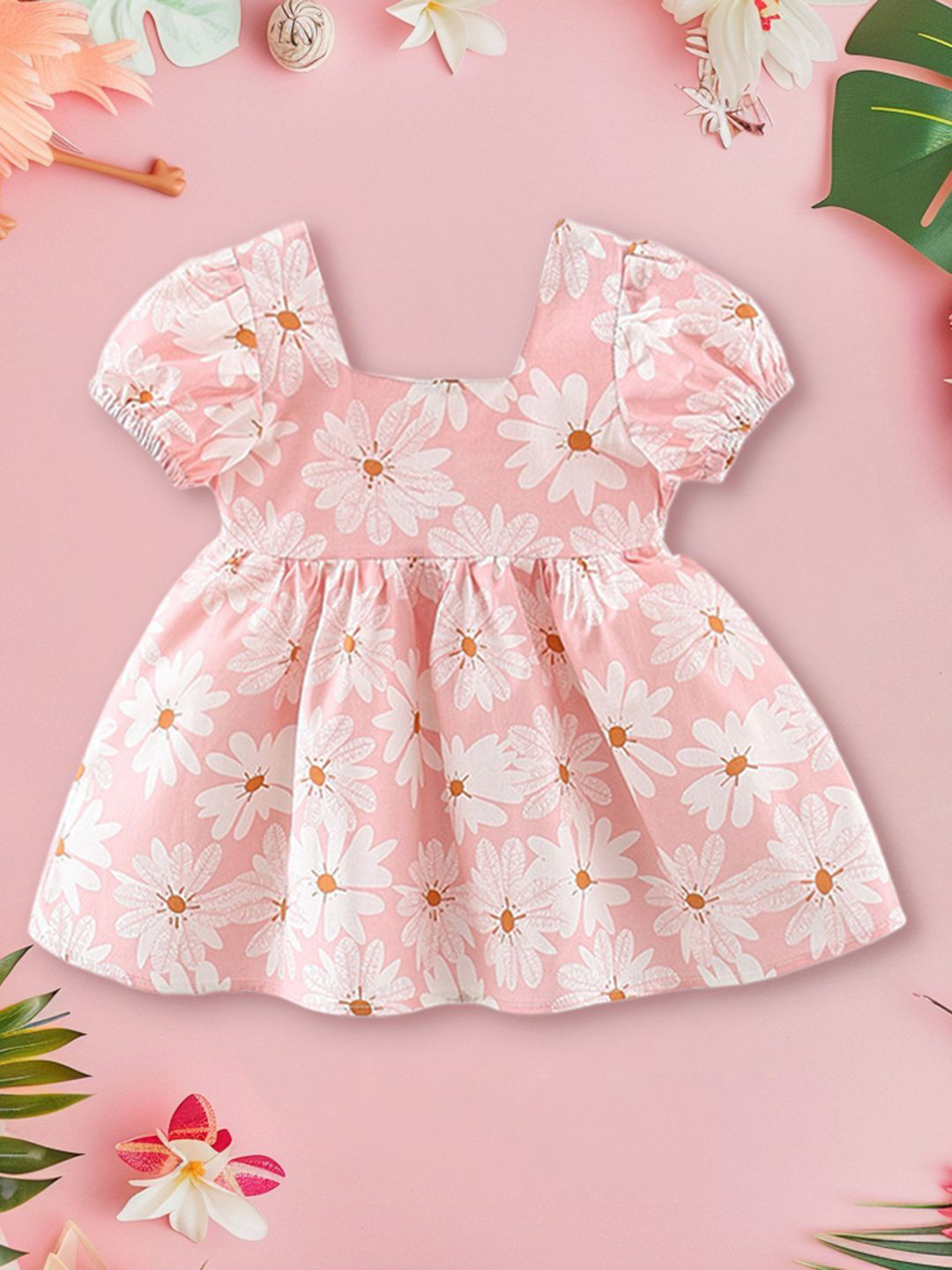 INCLUD Girls Floral Print Puff Sleeves Bow Fit & Flare Dress