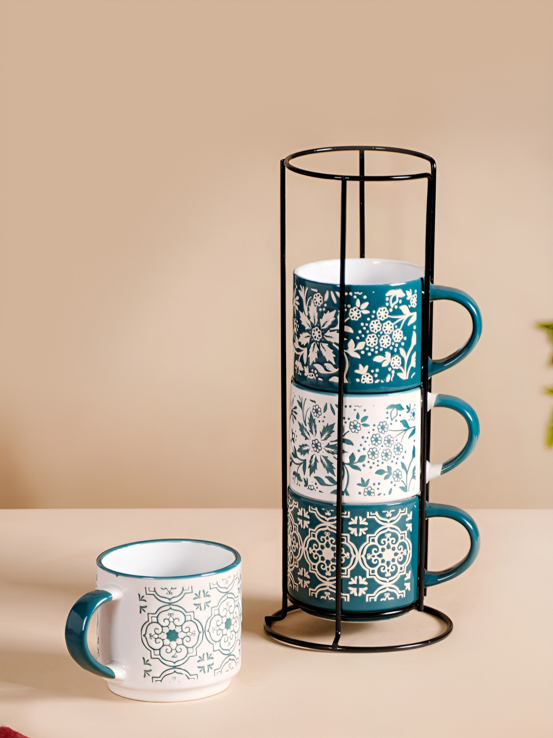 Nestasia Versailles Green Floral Ceramic Handmade 4 Piece Cups with Stand-200ml