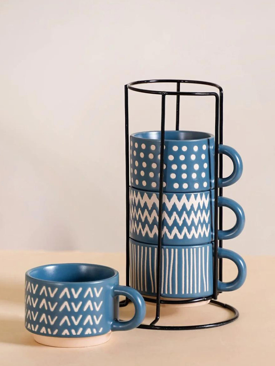 Nestasia Cute Teddy Blue Chevron Ceramic Handmade 4 Piece Cups-220ml