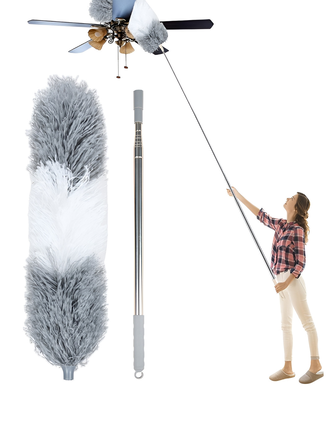 Kuber Industries Grey & White Microfiber Ceiling Fan Duster with Rod