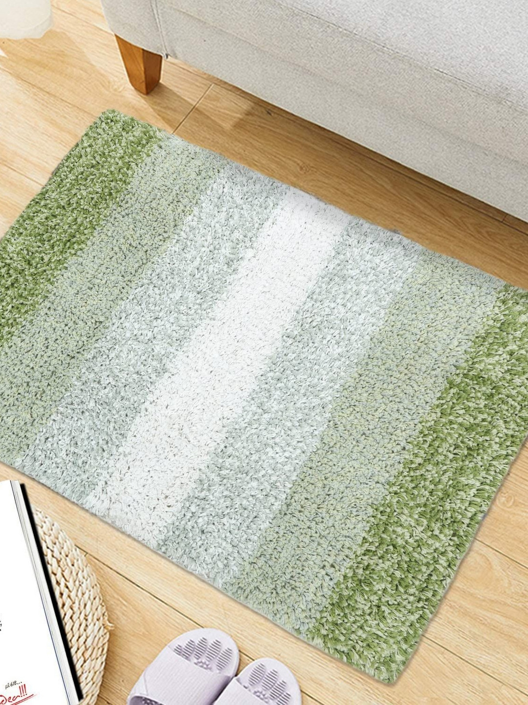 THE HOME TALK Green & White 2 Pieces Striped 1600 GSM Cotton Bath Rugs