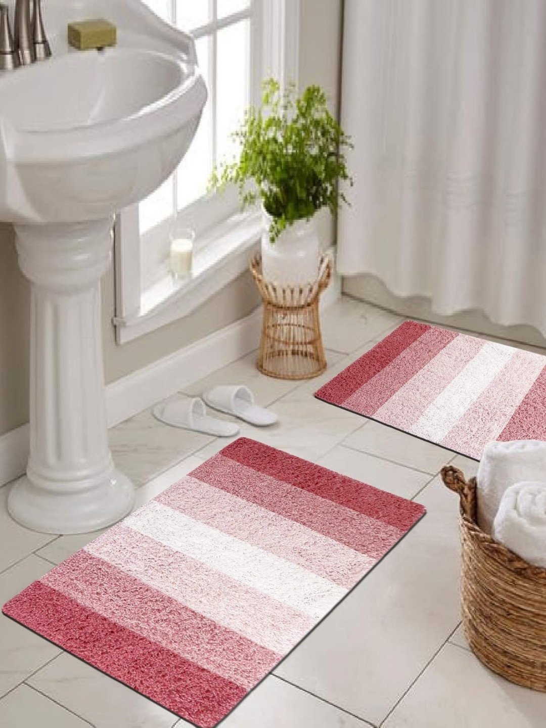 THE HOME TALK Red & White 2 Pieces Cotton Anti Skid Bath Rugs