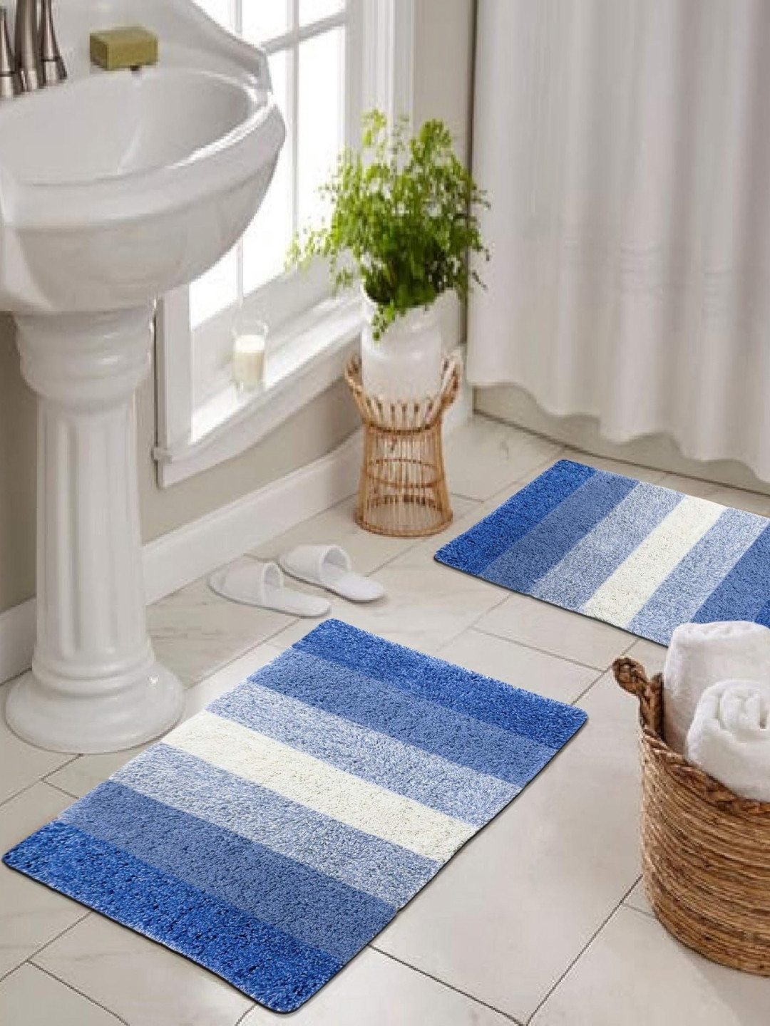 THE HOME TALK Blue & White 2 Pieces Striped Cotton Anti Skid Bath Rugs