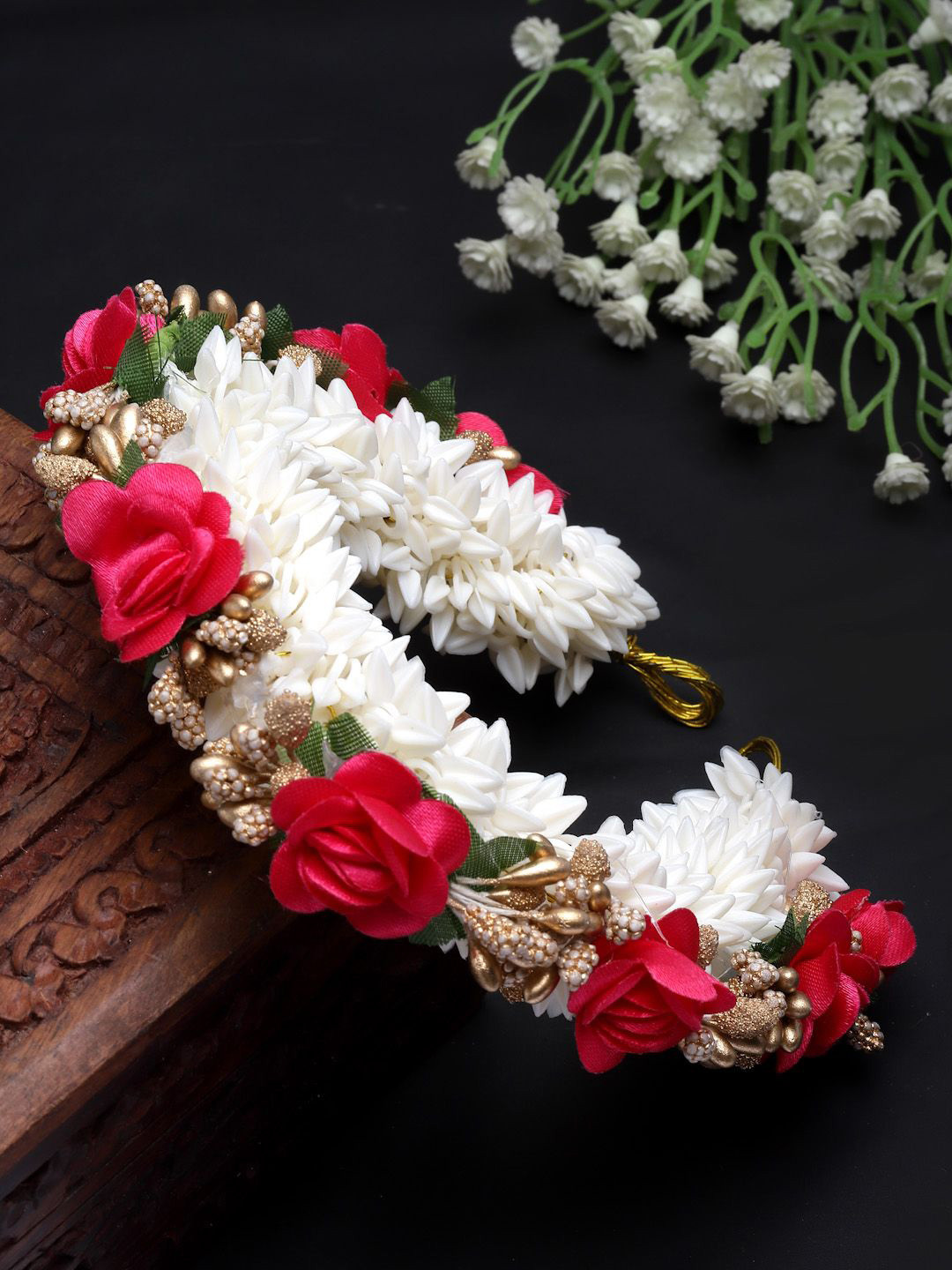 Sanjog Women Red & Gold-Toned Embellished Juda Gajra Bun Hair Accessory