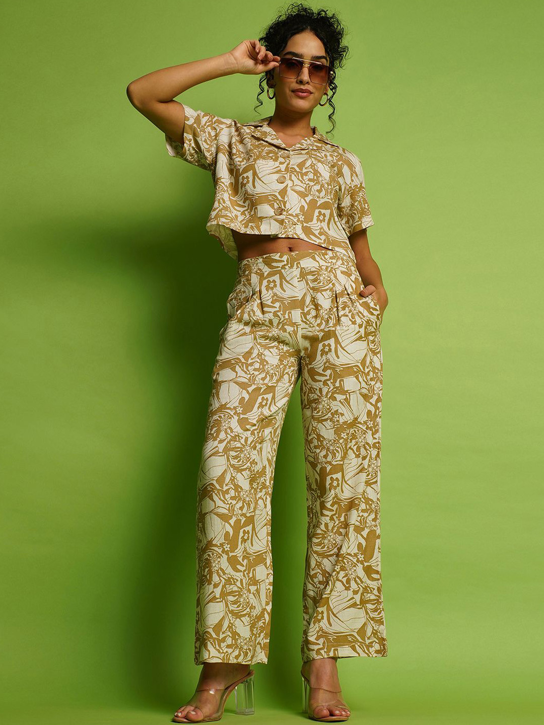 Globus Beige & Olive Green Abstract Printed Cuban Collar Linen Crop Shirt With Trousers