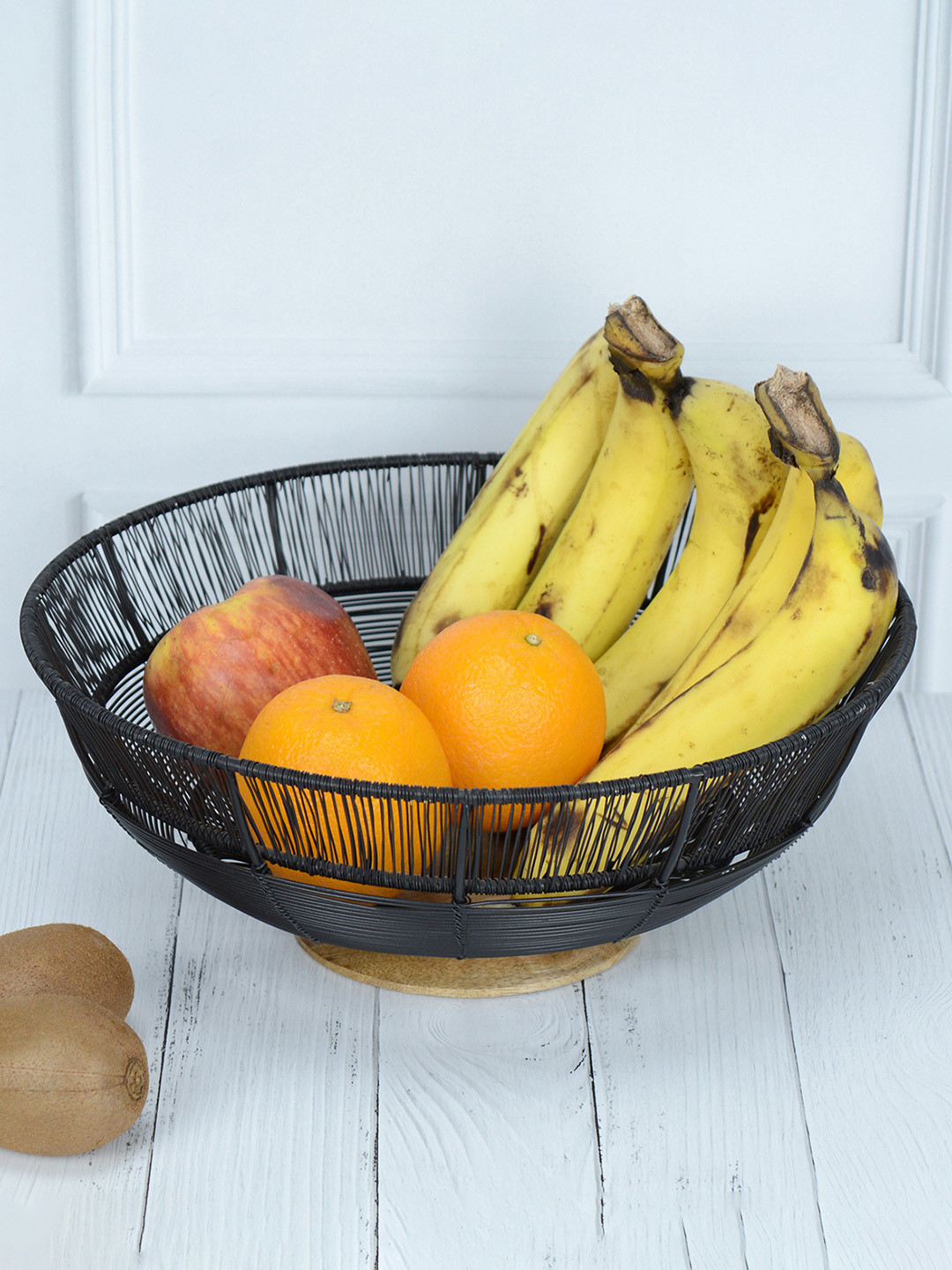 Maison Modern Black Round Metal & Wood Fruit and Vegetable Basket