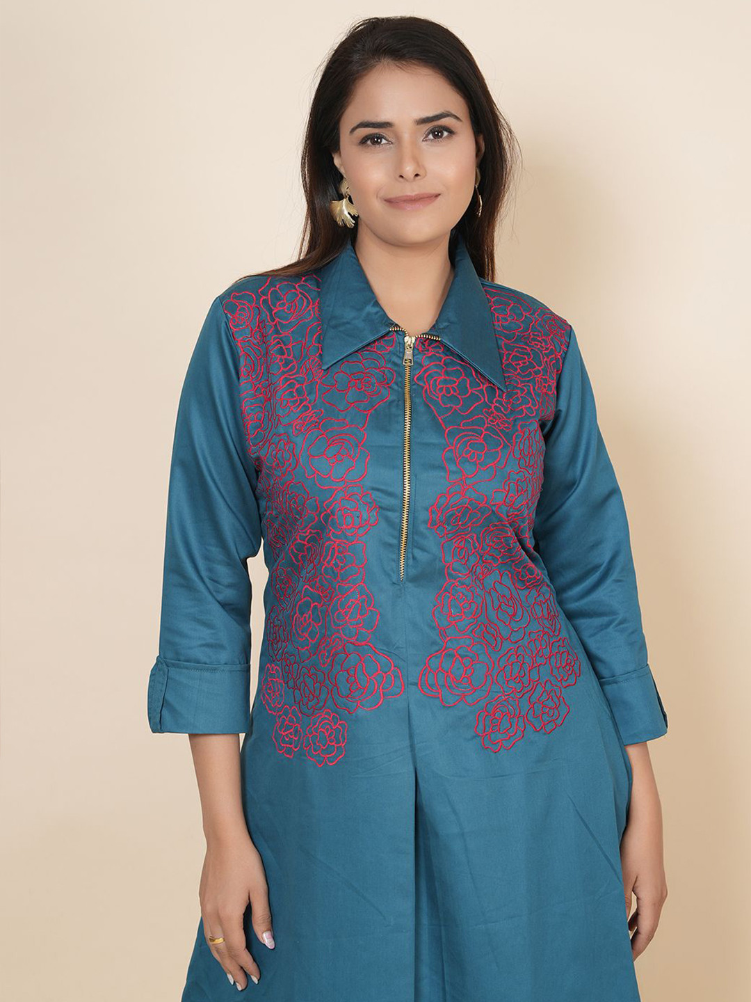 Kaftanize Women Embroidered Thread Work A-Line Midi Dress