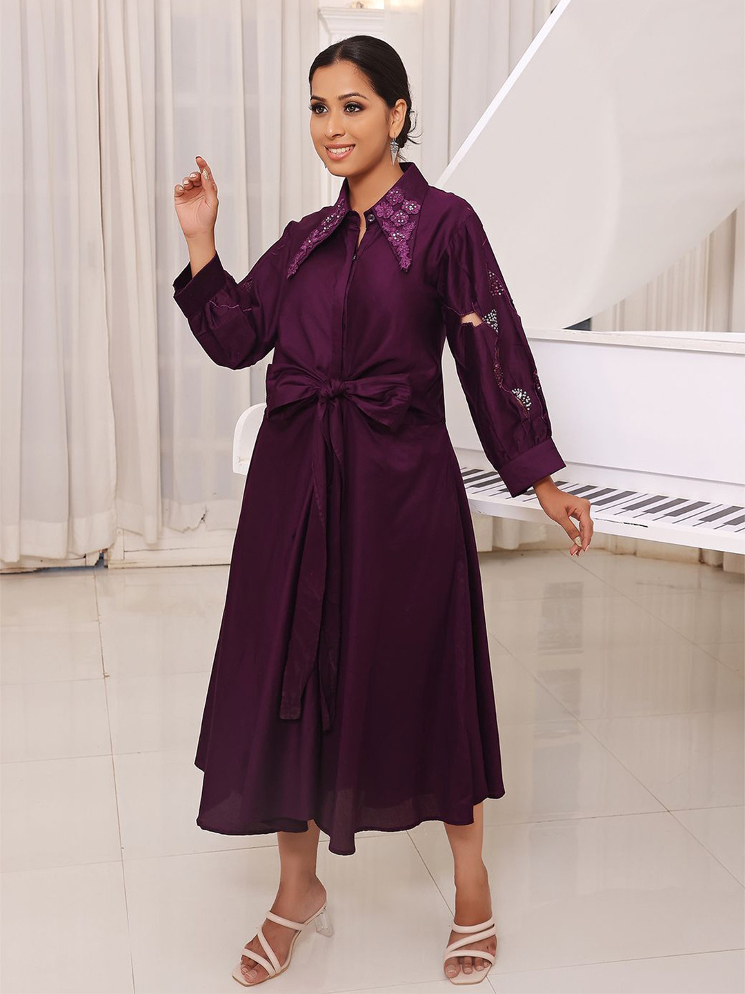 Kaftanize Women Shirt Collar Embroidered  Midi Dress